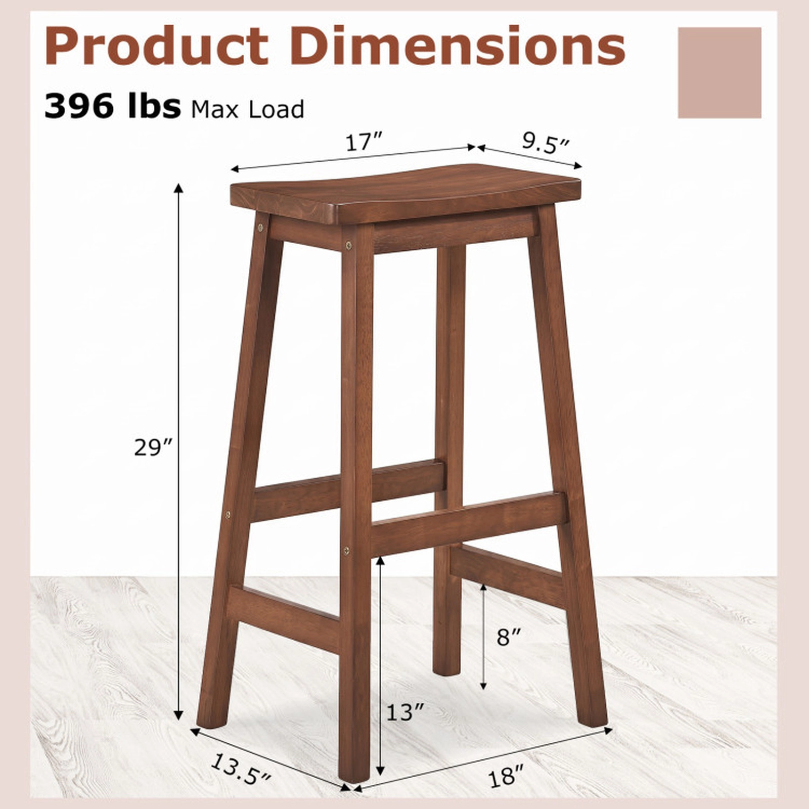 SUGIFT Set of 2 29 in. Backless Walnut Wood Saddle Bar Stools with Footrests, 330 lb Capacity