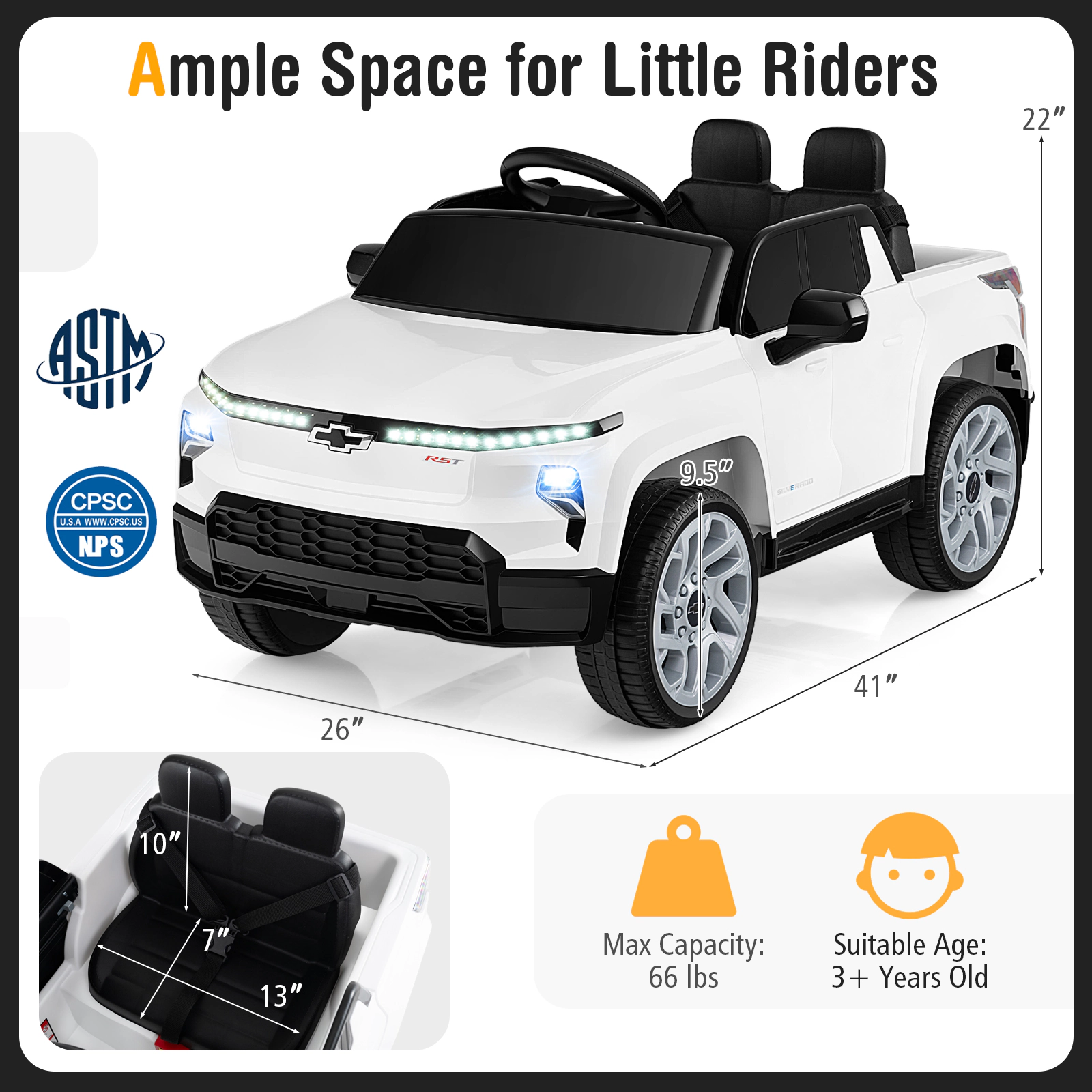 SUGIFT White Remote Control and Storage Cube 12V Licensed Chevrolet Kids Ride On Truck