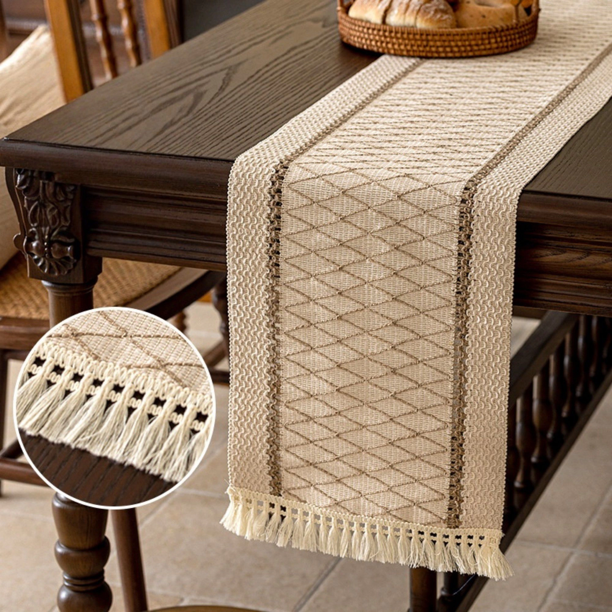 Alilang Women Textured Woven Table Runner with Fringe Trim and Neutral Stripe Pattern 47x11.8