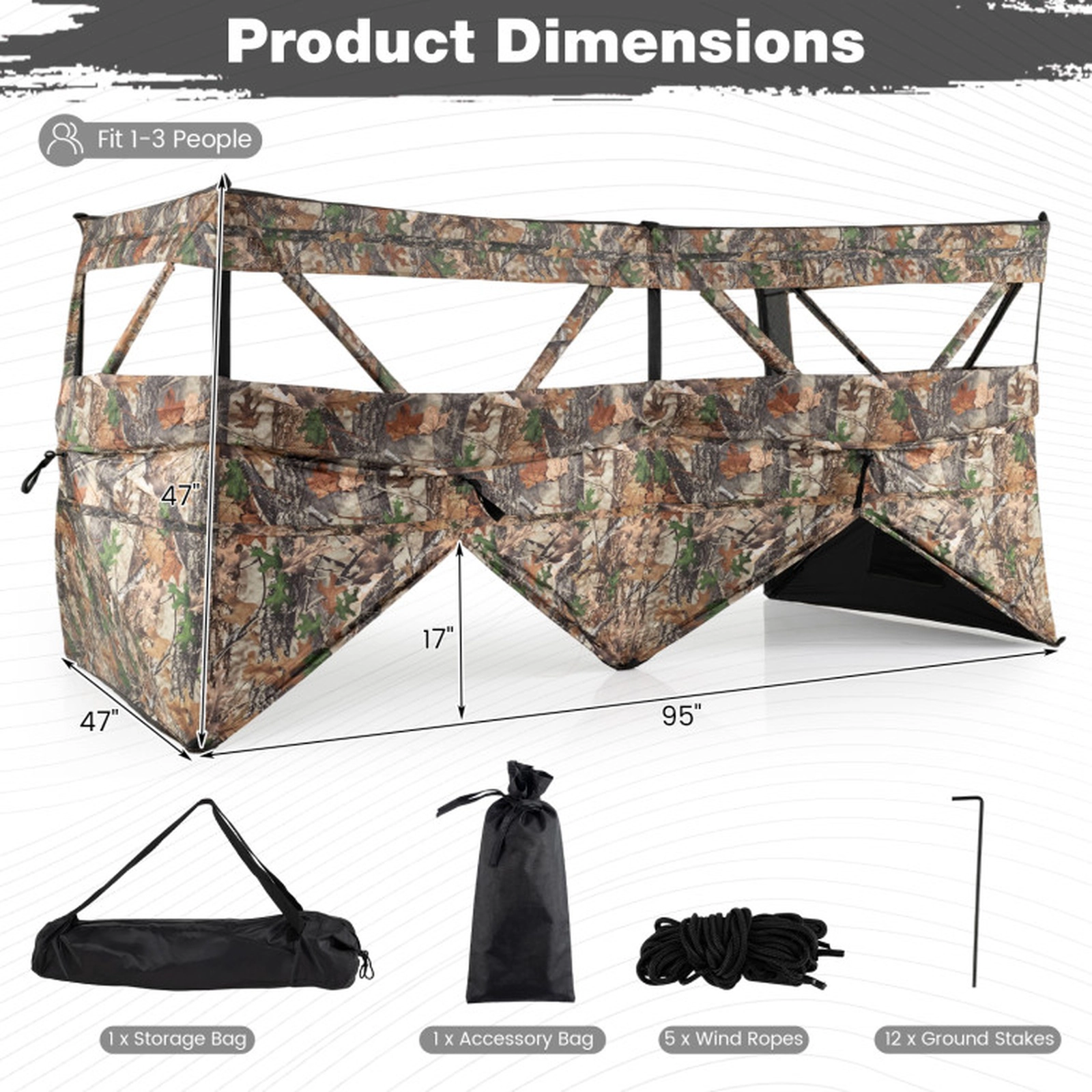 SUGIFT Brown Camouflage One-Way Pop Up Hunting Blind Tent with Dog Door for 1-3 Hunters 95-in W 47-in D 47-in H
