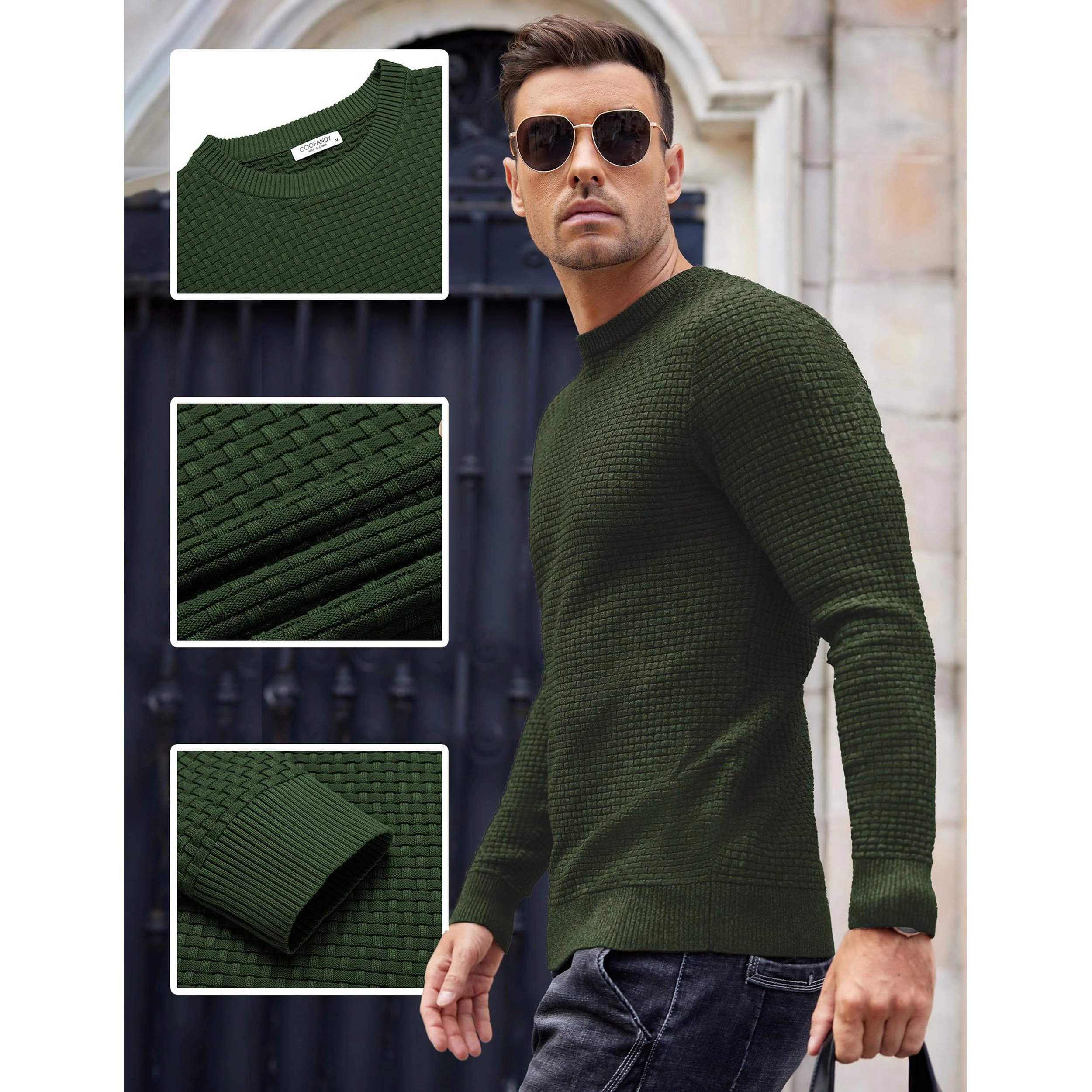 COOFANDY Mens Textured Long Sleeve Sweater Fall Crew Neck Casual Pullover Tops
