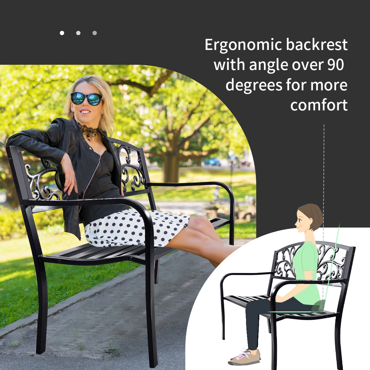 Hivvago 50 Inch Patio Park Steel Frame Cast Iron Backrest Bench Porch Chair