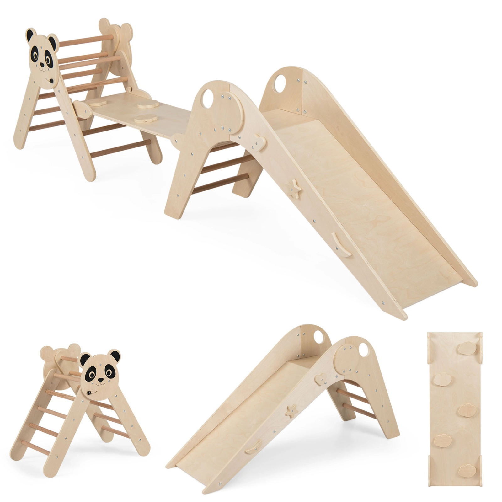 SUGIFT Foldable Panda-Themed Montessori Climbing Triangle Set with Slide and Balance Bridge 110-lb Capacity Ages 3+
