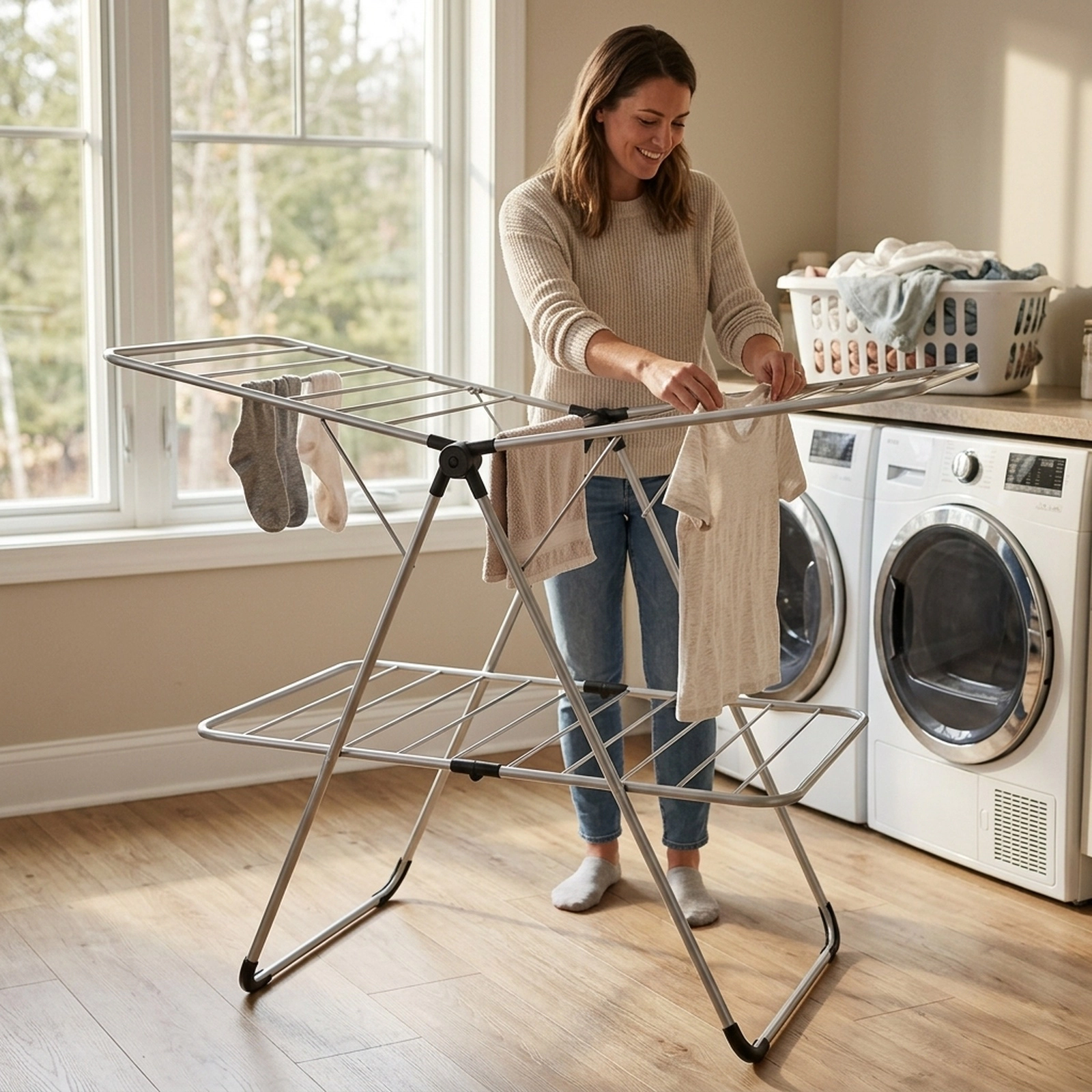 SUGIFT Silver 2-Tier 35-lb Capacity Foldable Stainless Steel Clothes Drying Rack with Adjustable Wings