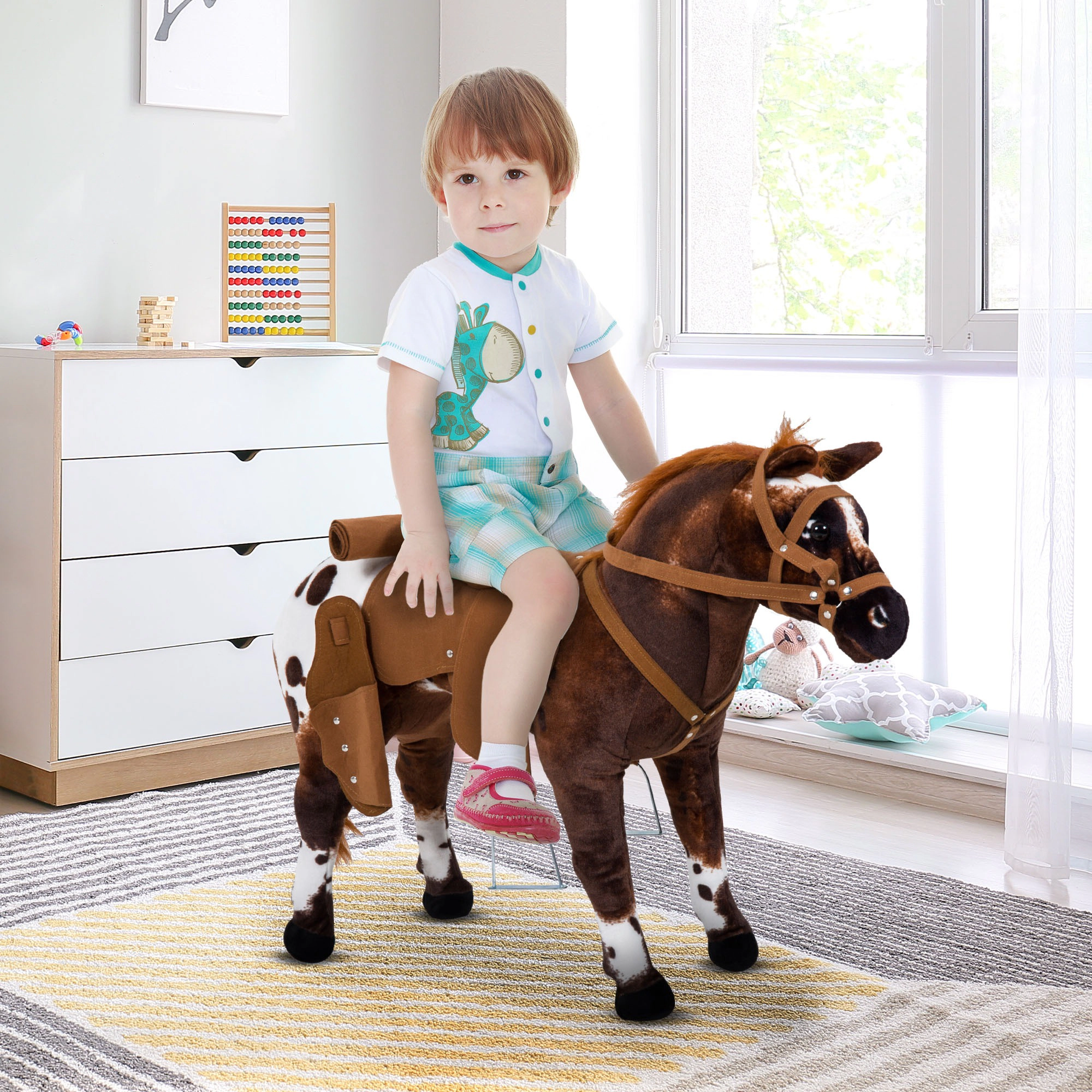 HONGGE Plush Rocking Horse Toy with Neighing & Galloping Sounds, Padded Seat, Holds up to 110 lbs, Ages 3+