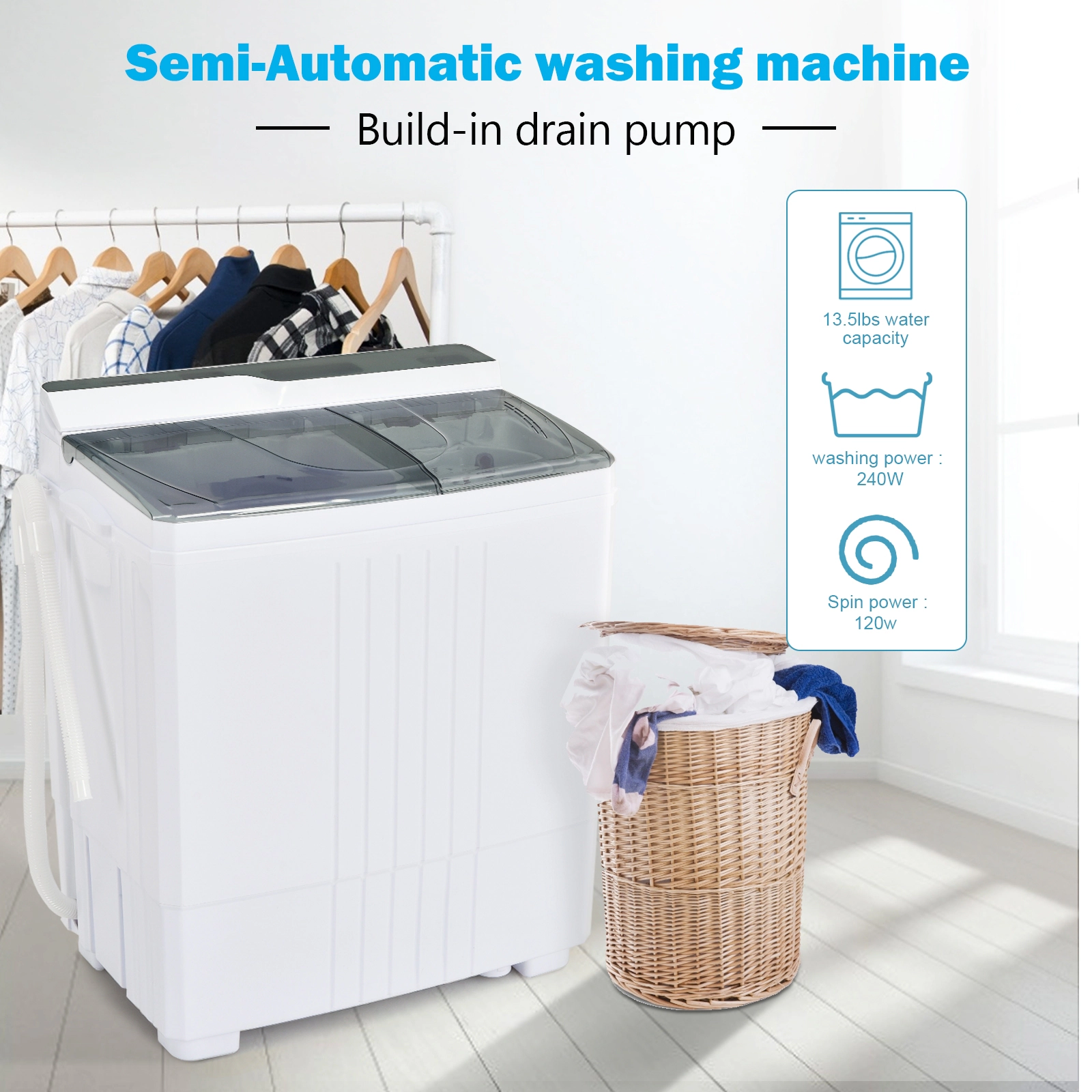SUGIFT Gray Twin Tub Portable Washing Machine with Drain Pump and Timer Control 25-in W 15-in D 28.5-in H