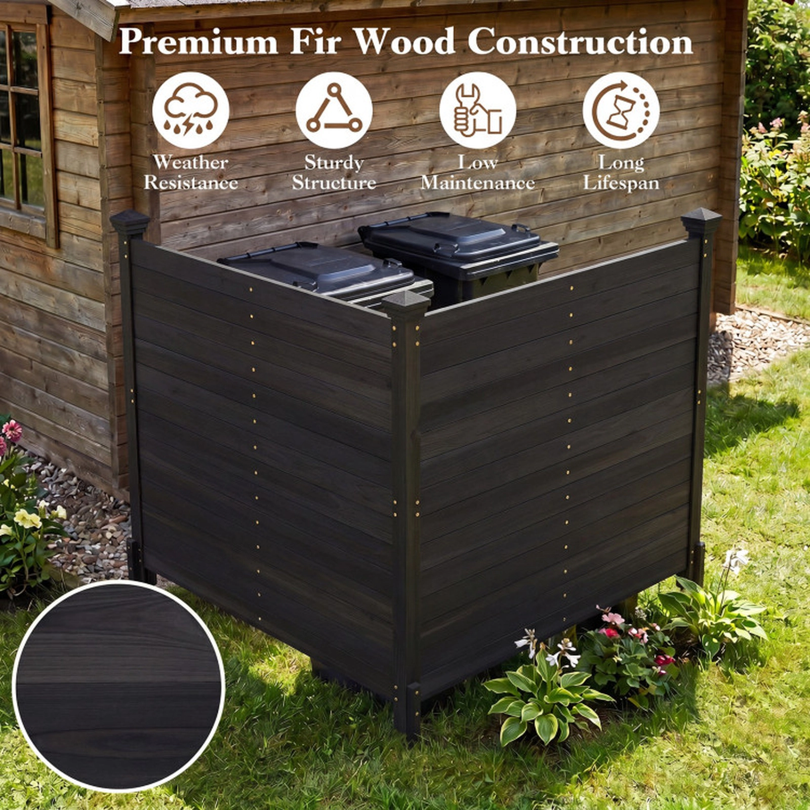 SUGIFT Black 2-Panel Fir Wood Outdoor Privacy Air Conditioner Fence with 3 12-in Metal Ground Stakes