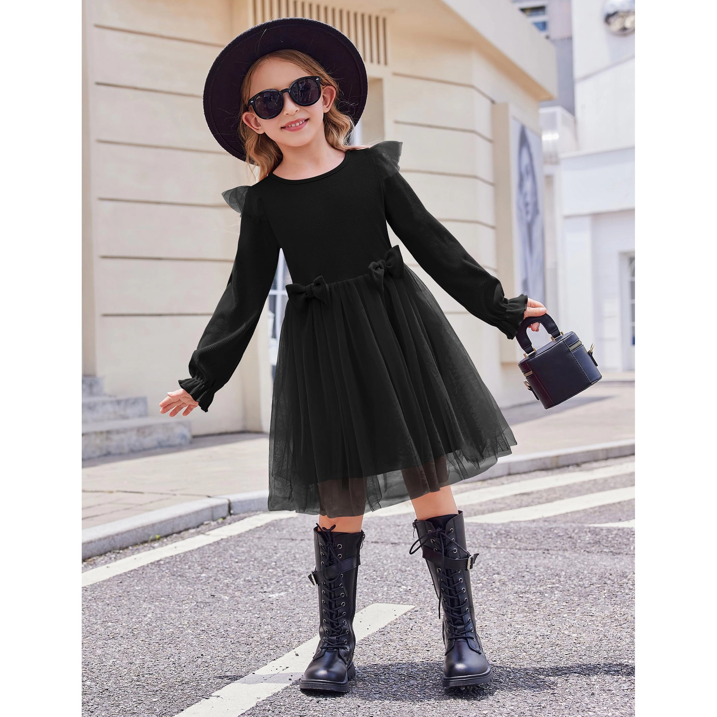 Arshiner Toddler Girls Tulle Dresses With Bow Tie Fall Winter Long Sleeve Formal Party Dress