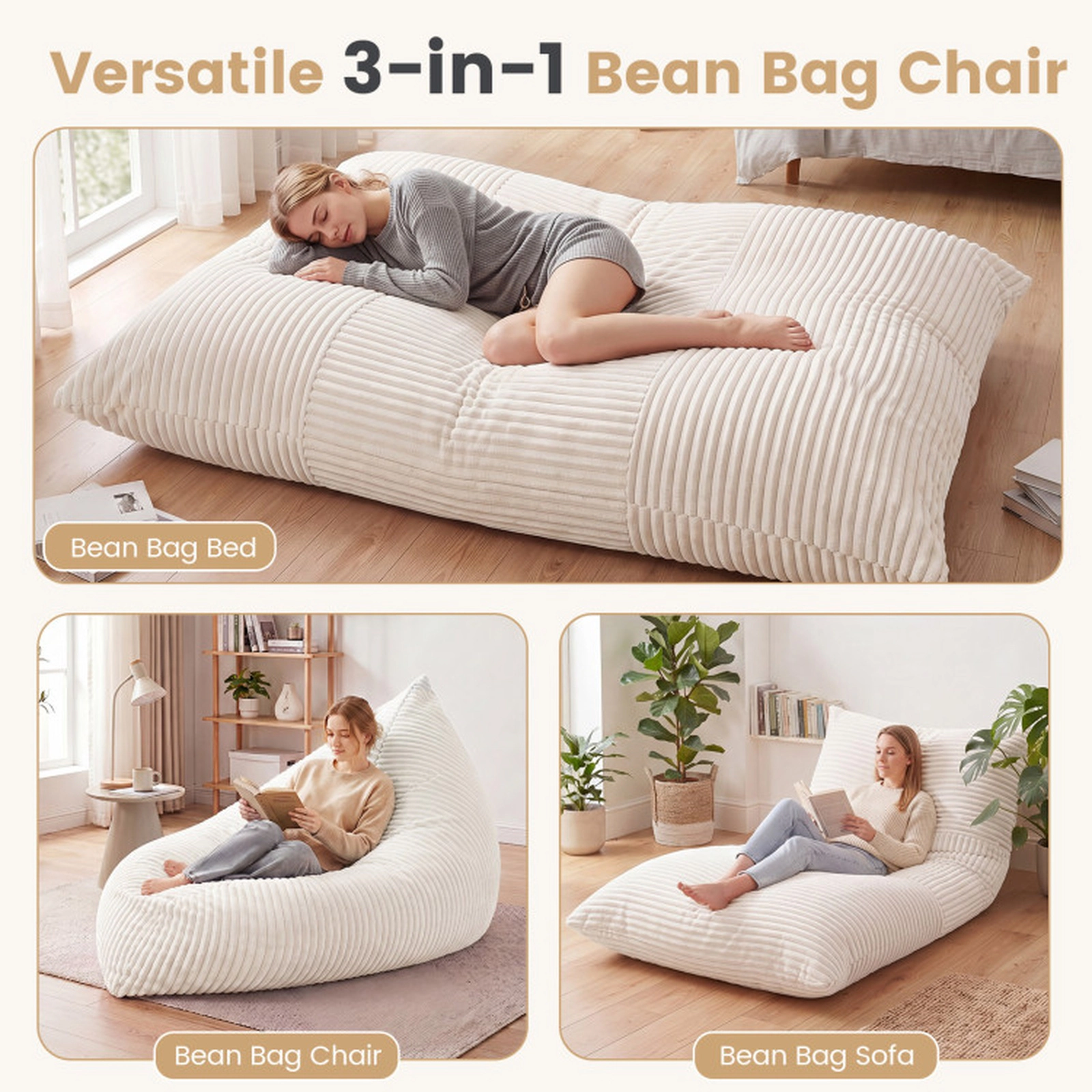 SUGIFT 3-in-1 Convertible Corduroy Fabric Zippered Cover Large Bean Bag Chair 73-in x 53-in 36-lb Net Weight Beige
