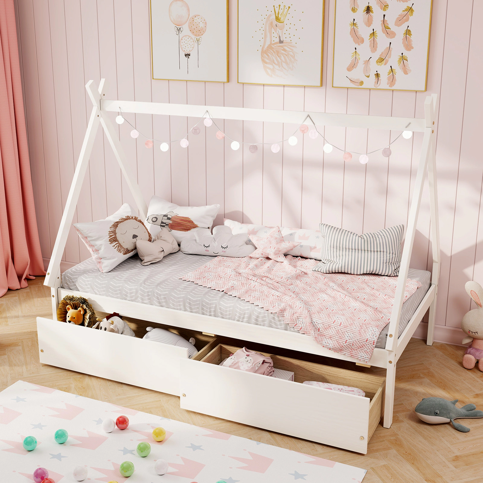 SUGIFT Kids Twin Size 200-lb Bed Capacity Wooden House Bed Frame with Tent Roof and 2 Rolling Drawers White