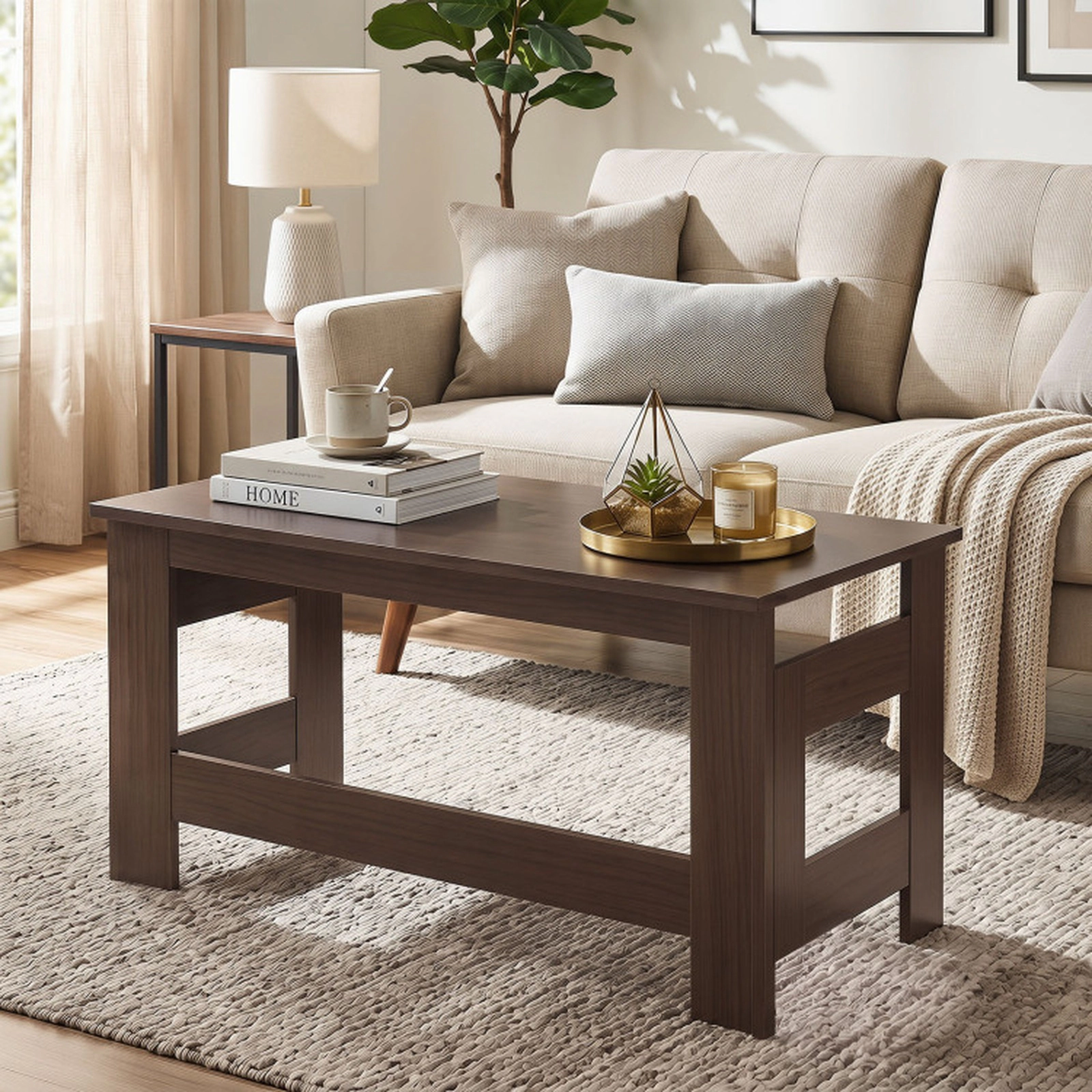 SUGIFT 31.5-in 14-in Tall Portable Low Floor Coffee Table with Foldable Legs and 1.7-in Folded Thickness