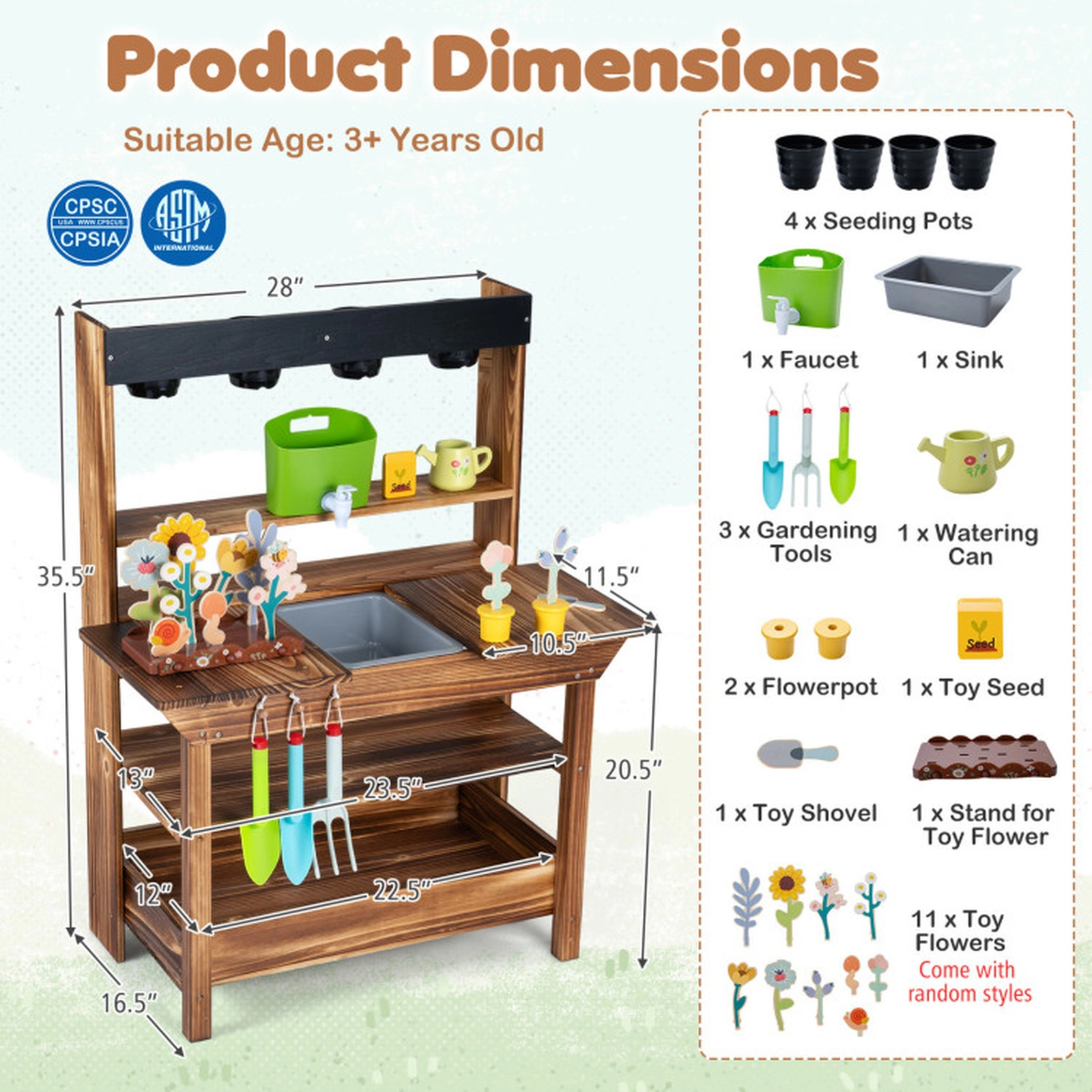 SUGIFT Rustic Brown Faucet Sink and Planter Box Outdoor Kids Wooden Mud Kitchen