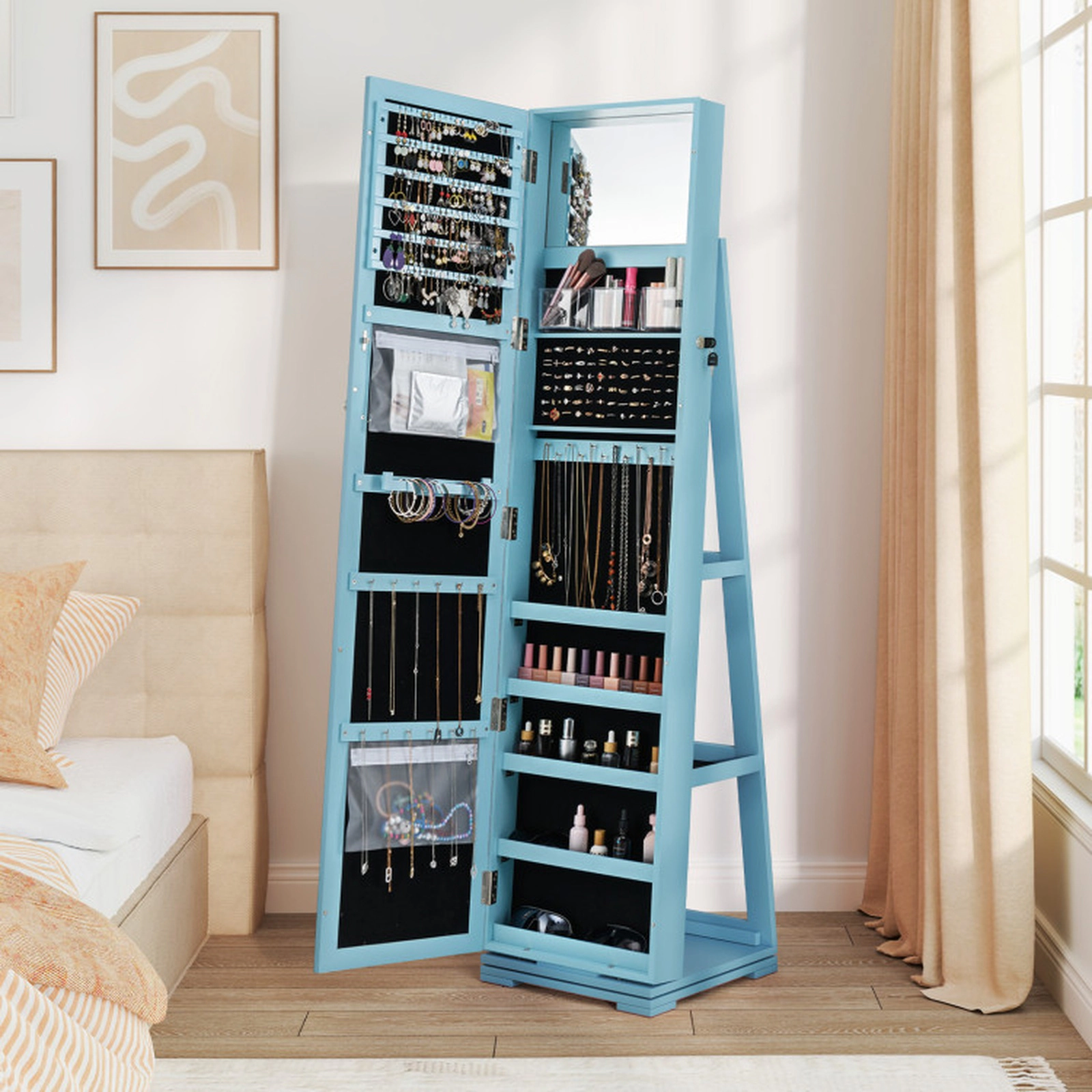 SUGIFT 360° 2-in-1 Lockable Jewelry Cabinet Armoire 11 x 57-in Full-Length Mirror 30 Hooks 63.5-in Tall 48-lb Blue