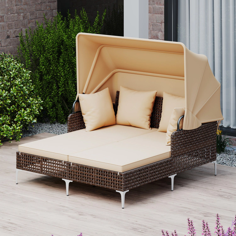 Hivvago Outdoor Daybed With Retractable Canopy Pe Wicker Rattan Patio Lounger