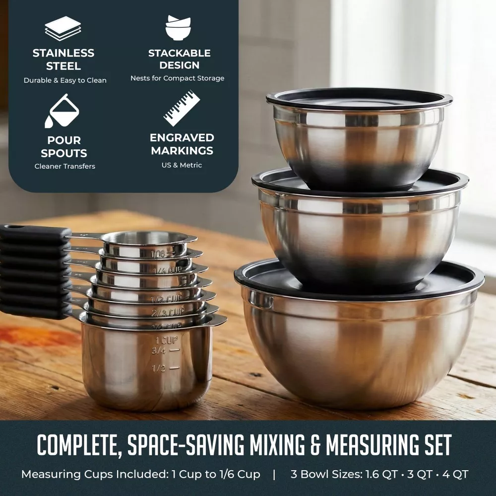 Luminuxe 10 Piece Mixing Bowls & Measuring Cups Set, Stainless Steel Mixing Bowl with Lids, Magnetic Measuring Cups