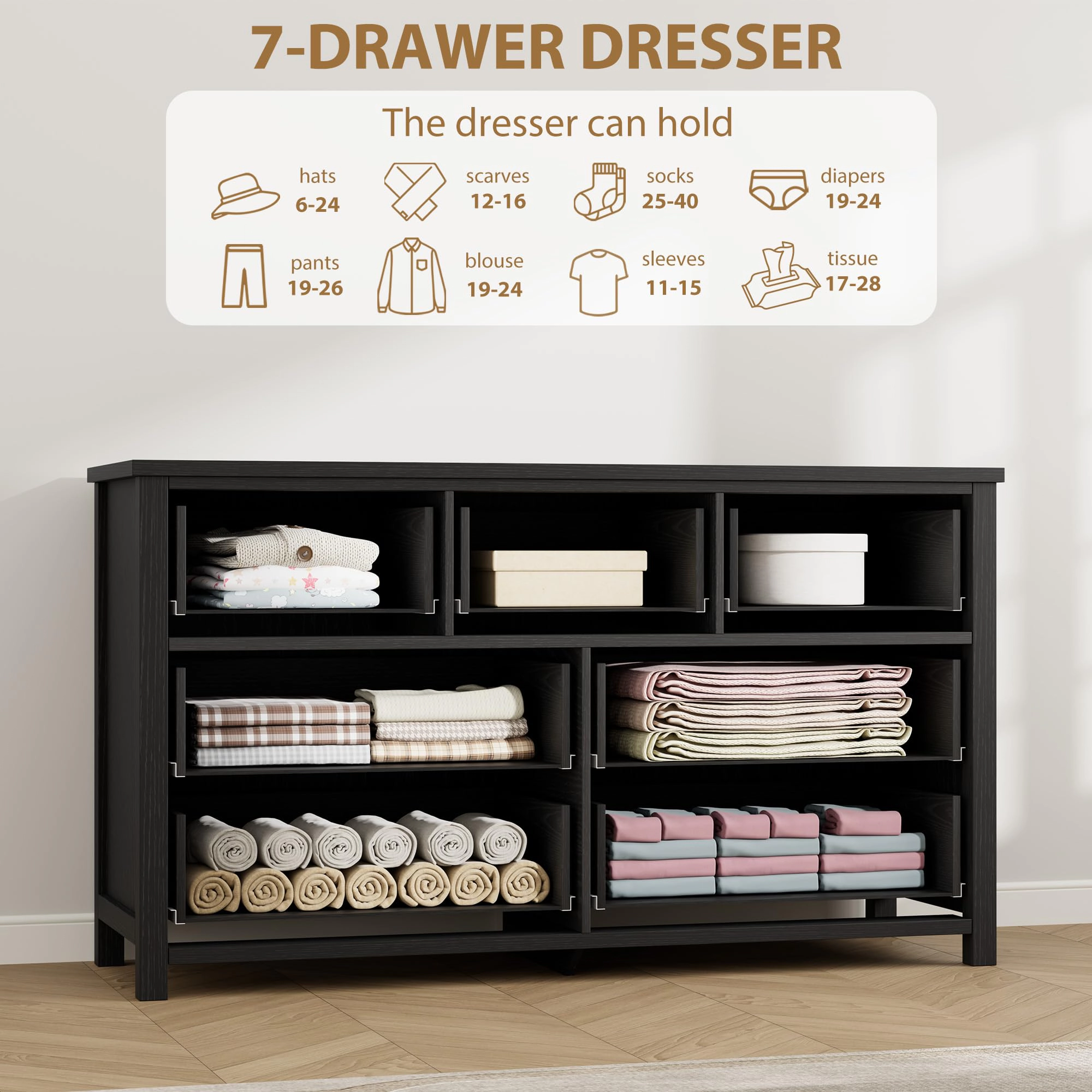 7 Drawer Modern Black Dresser & TV Stand, 54" Wide Wooden Storage Cabinet for Bedroom Living Room