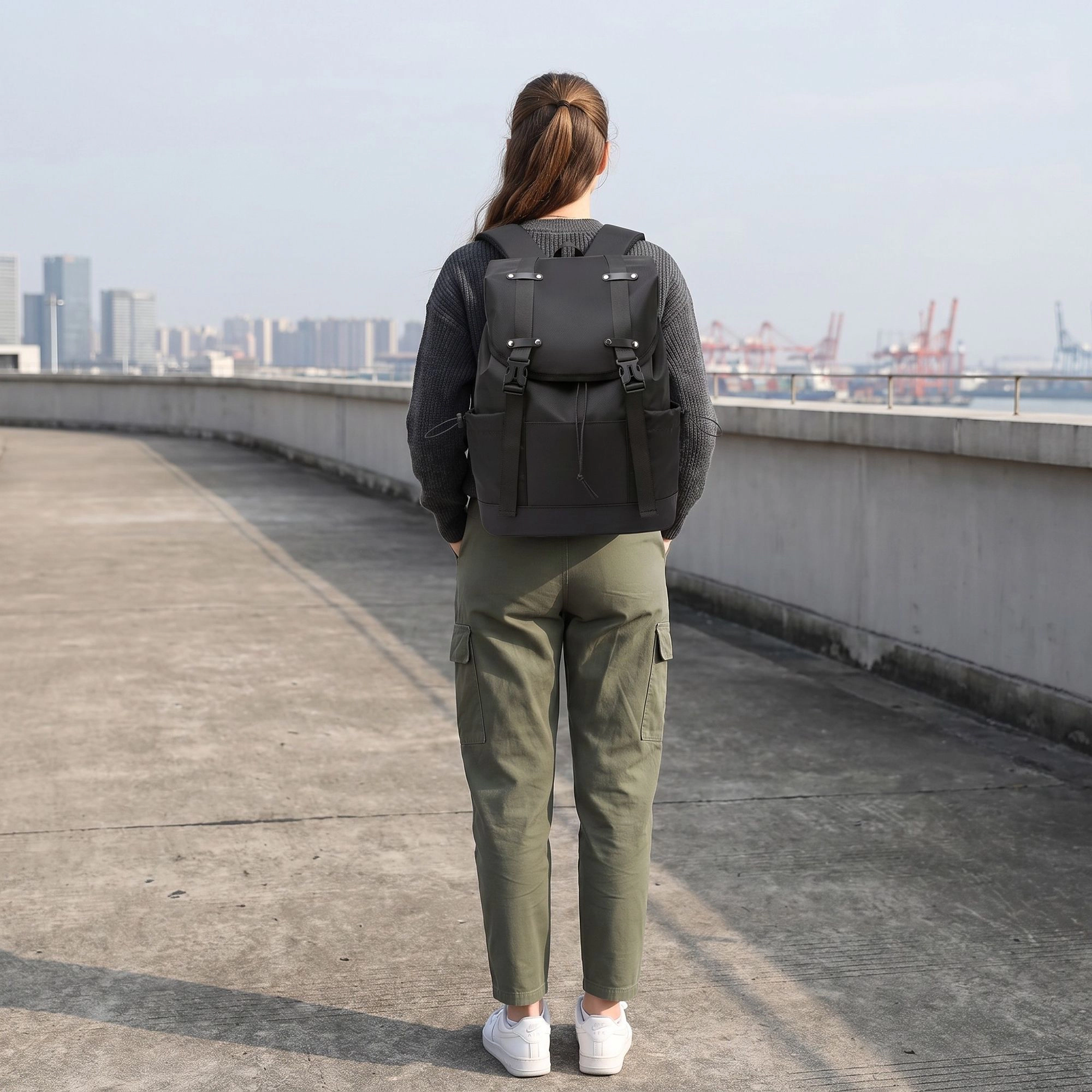 Alilang Women's Large Flap Backpack with Drawstring Closure Buckle Straps Side Pockets and Padded Shoulder