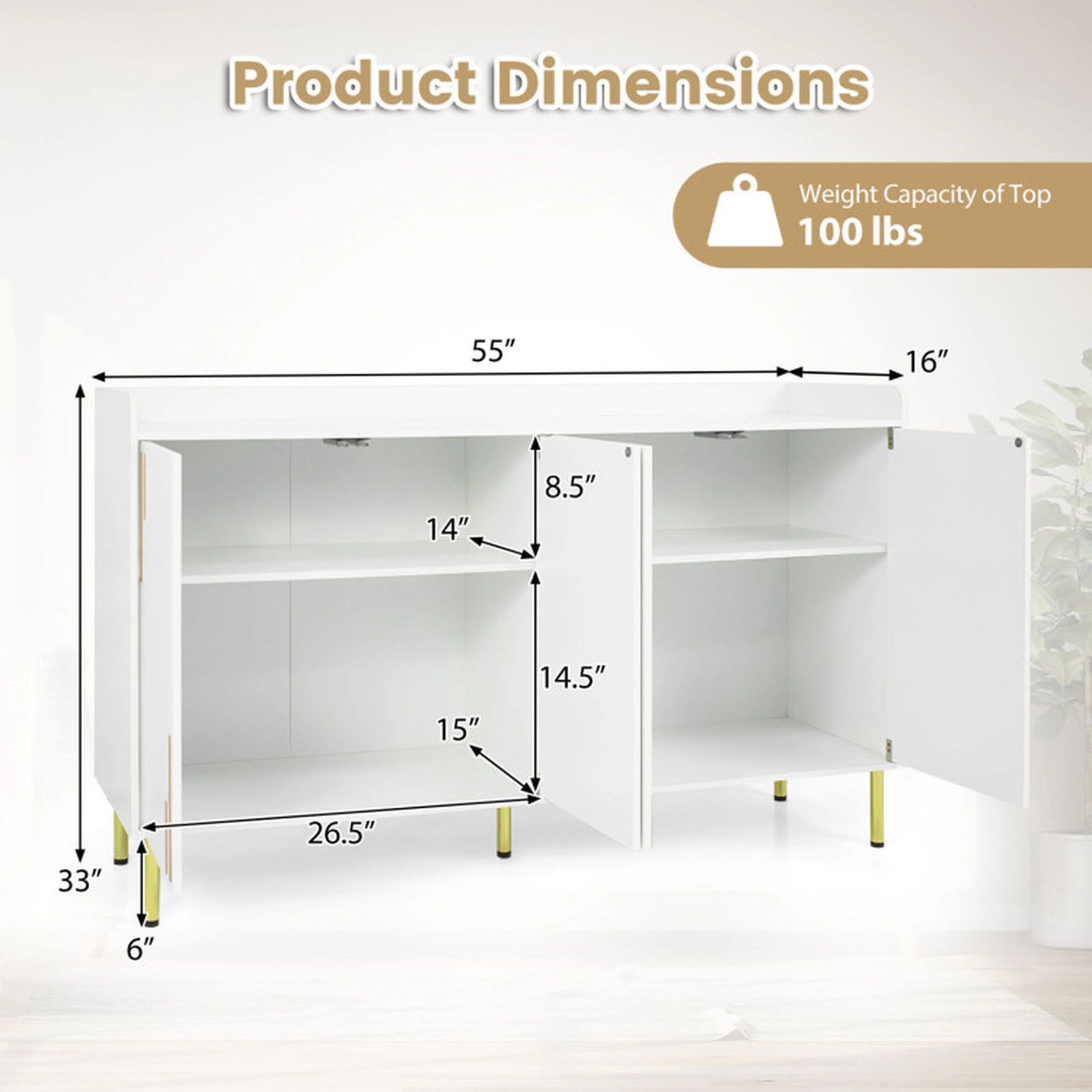 SUGIFT 55-in 4 Doors 5 Metal Legs Gold-Tone Handles Credenza Buffet Cabinet 16-in D x 33-in H 100-lb Capacity White