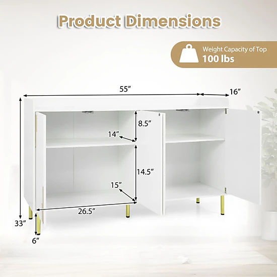SUGIFT 55-in 4 Doors 5 Metal Legs Gold-Tone Handles Credenza Buffet Cabinet 16-in D x 33-in H 100-lb Capacity White