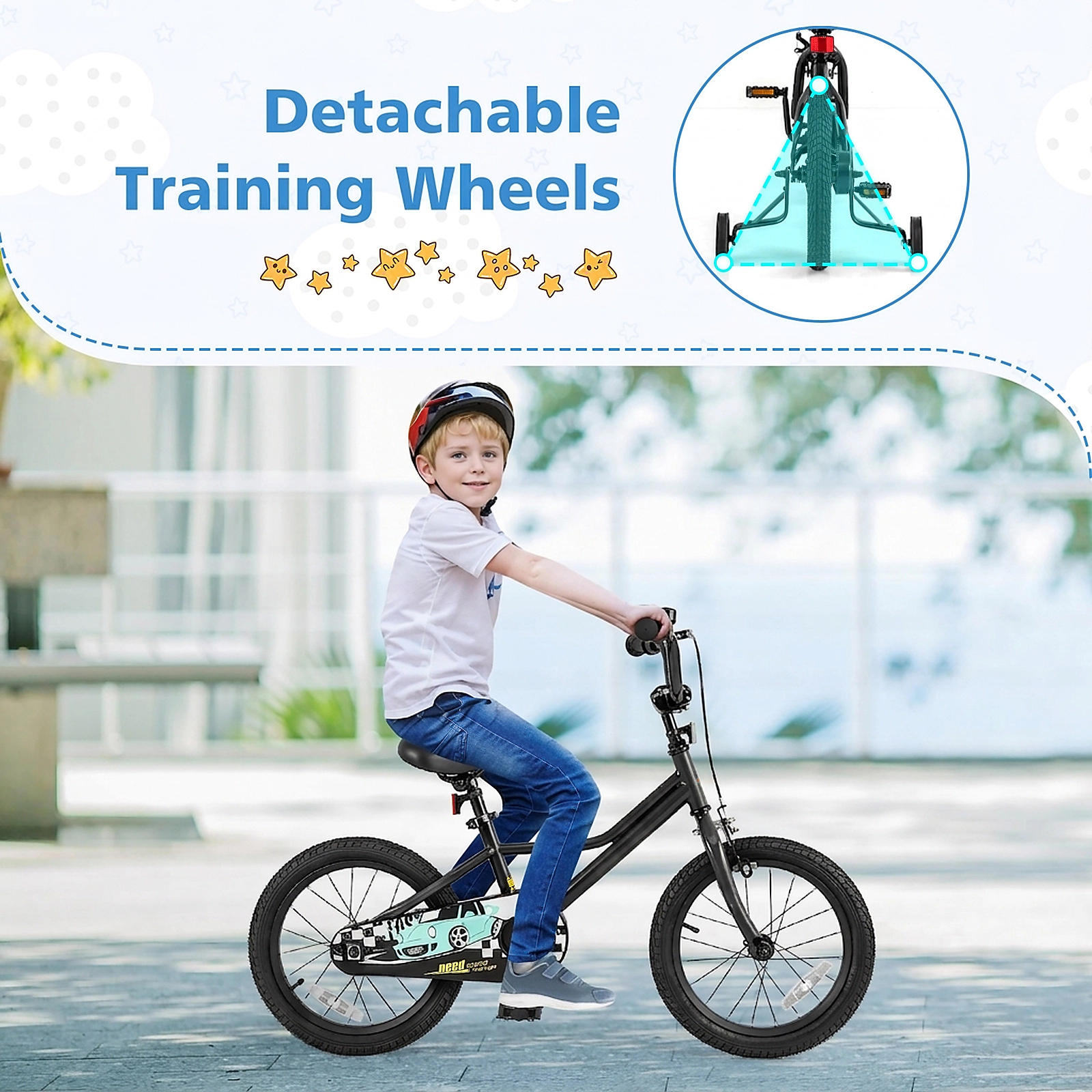 16-in Kids Bike Training Wheels for Ages 4-7 Adjustable Low-Step Bicycle with Coaster Brake and Enclosed Chain Guard