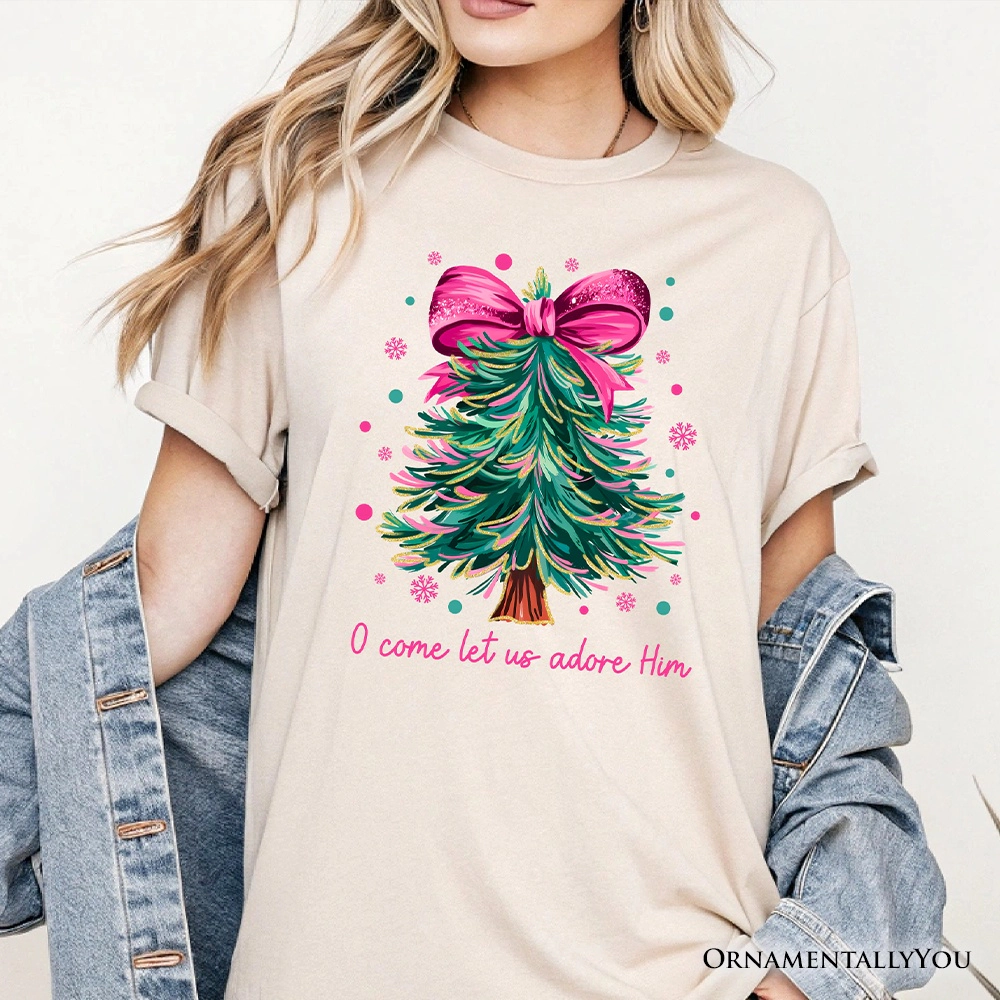 OrnamentallyYou Womens O Come Let Us Adore Him" Coquette Bow Christmas T-Shirt