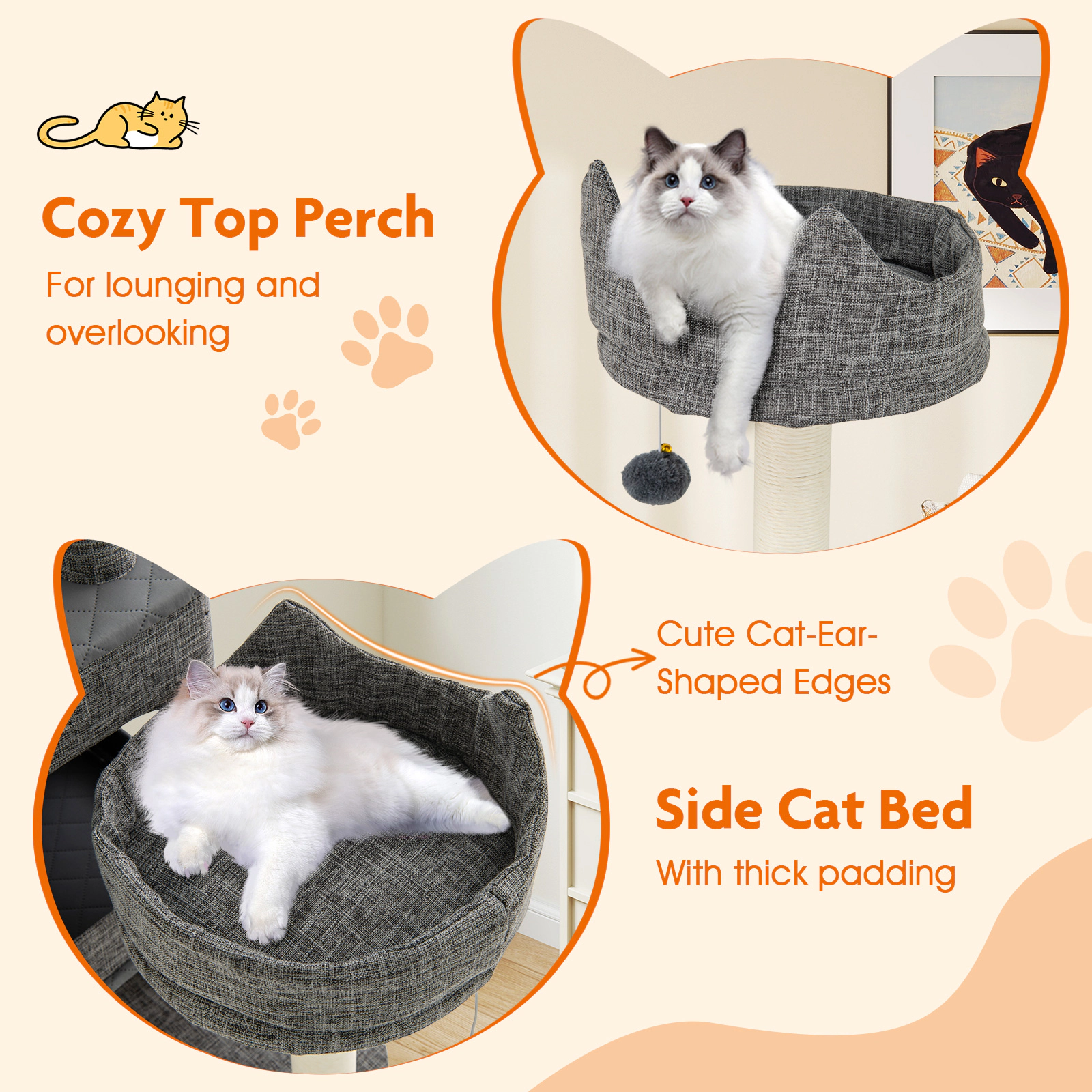 Glintex 71-Inch Cat Tower with 2 Condos Detachable Covers and Sisal Ladder Board, Gray