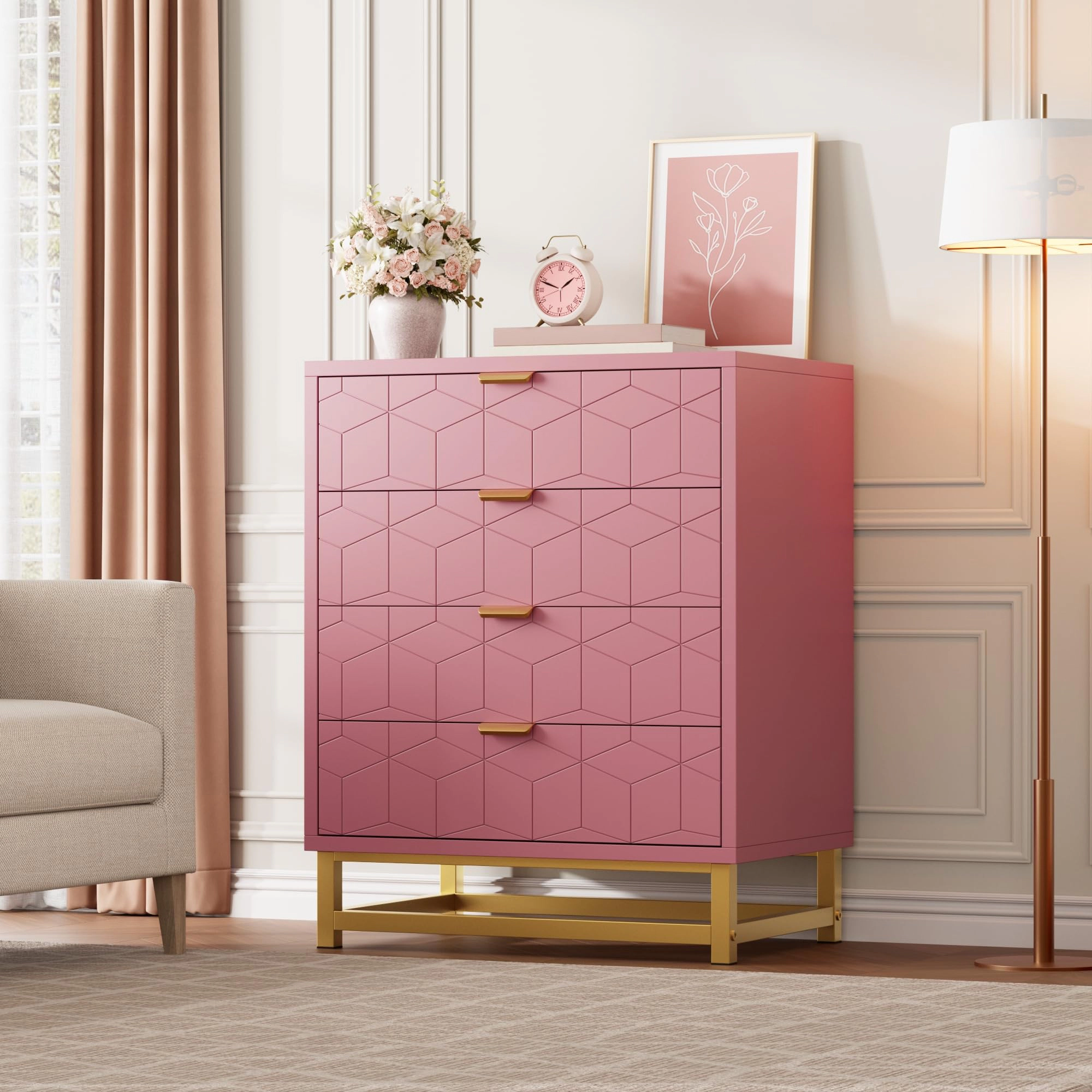 Modern 4 Drawer Dresser with Gold Metal Handles, Storage Cabinet for Bedroom Living Room Hallway