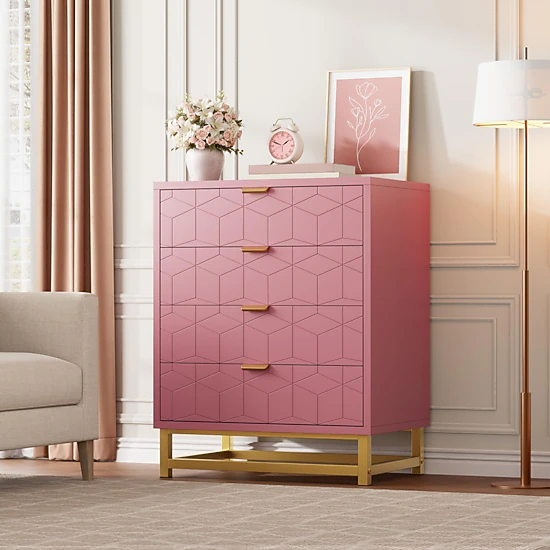 Modern 4 Drawer Dresser with Gold Metal Handles, Storage Cabinet for Bedroom Living Room Hallway