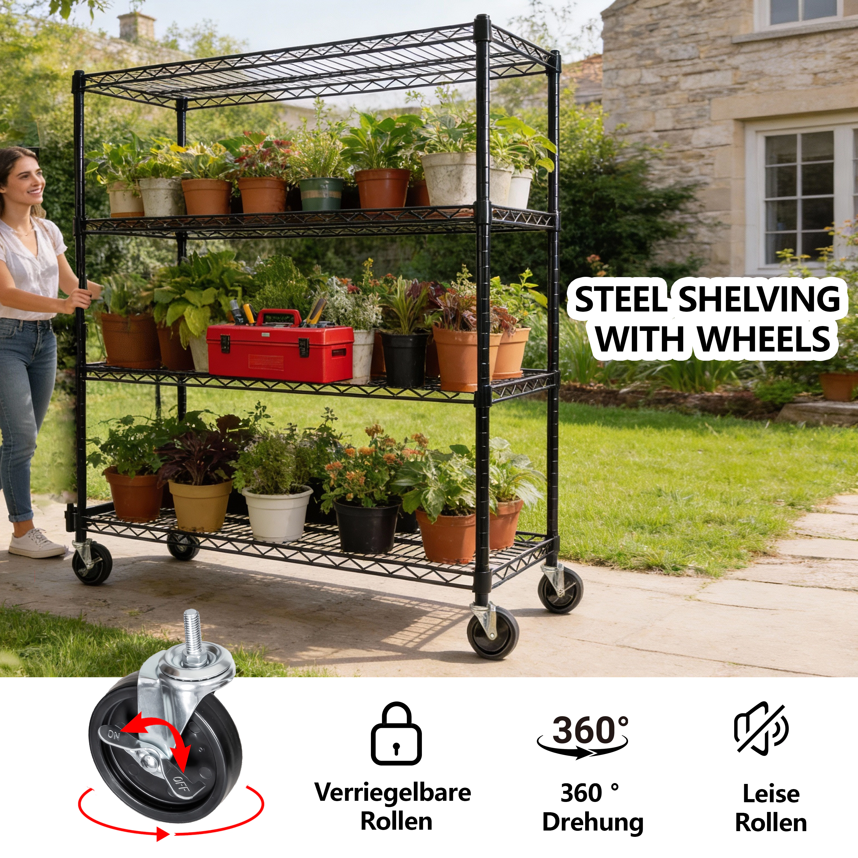 Flynama 4 Tier Wire Shelving 2400 lbs with Wheels Adjustable Rolling Heavy Duty Garage Storage Rack in Black