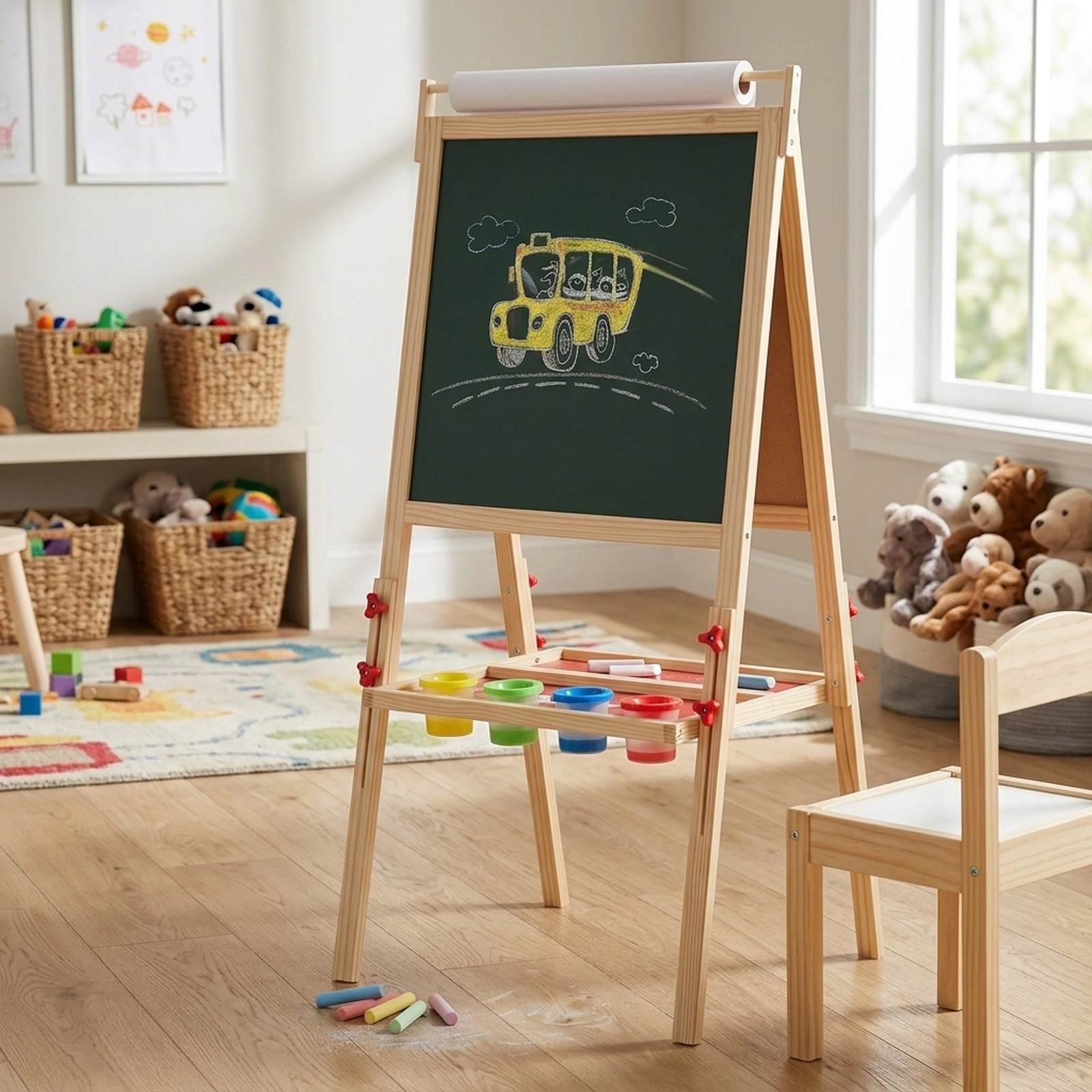 Height Adjustable Double-Sided Toddler Art Easel Kids 3 to 10 with 4 Paint Cups 19.5-in Board 17.5-in Paper Roll