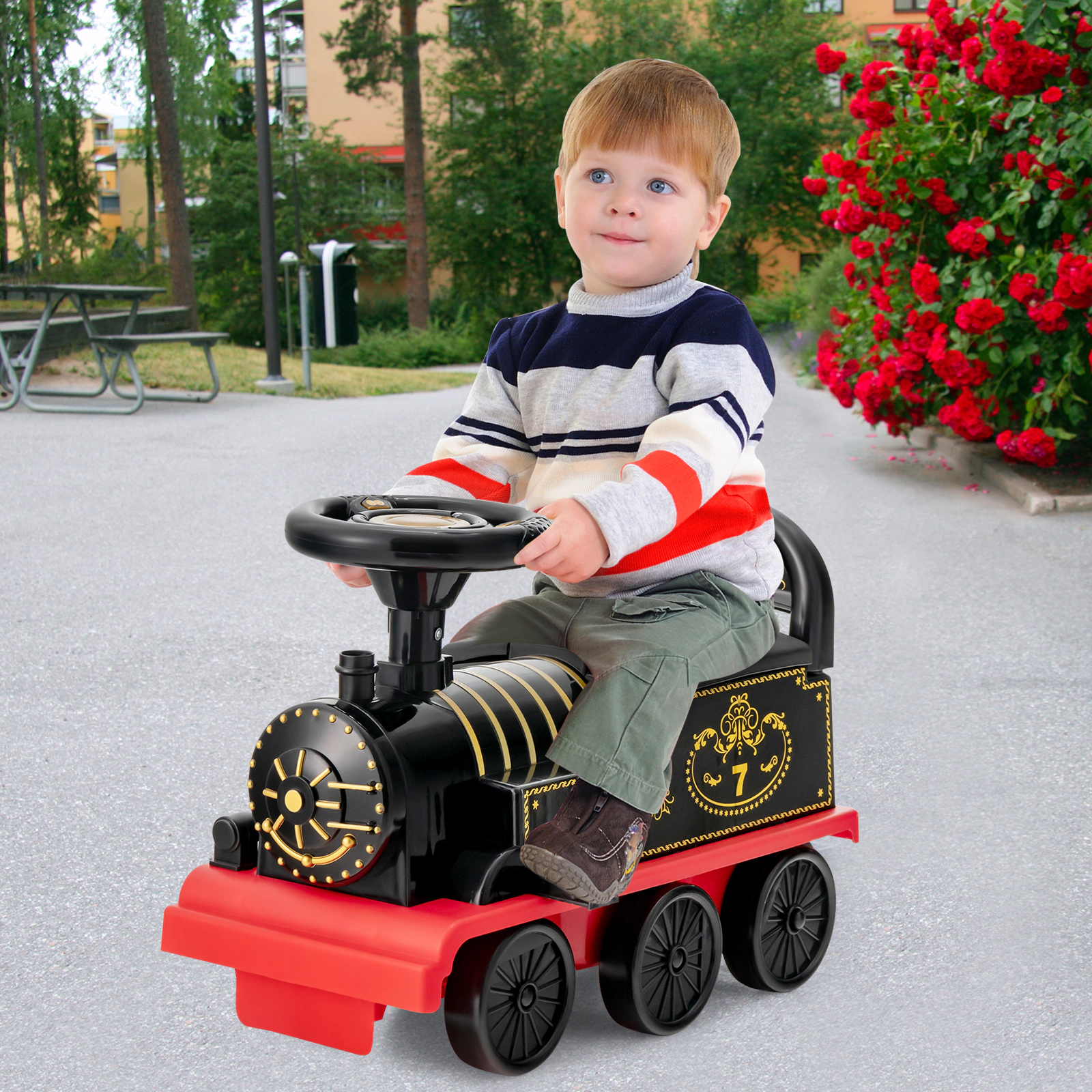 Costway 6V Electric Kids Ride On Train Motorized Toy w/ Track & 6 Wheels Blue