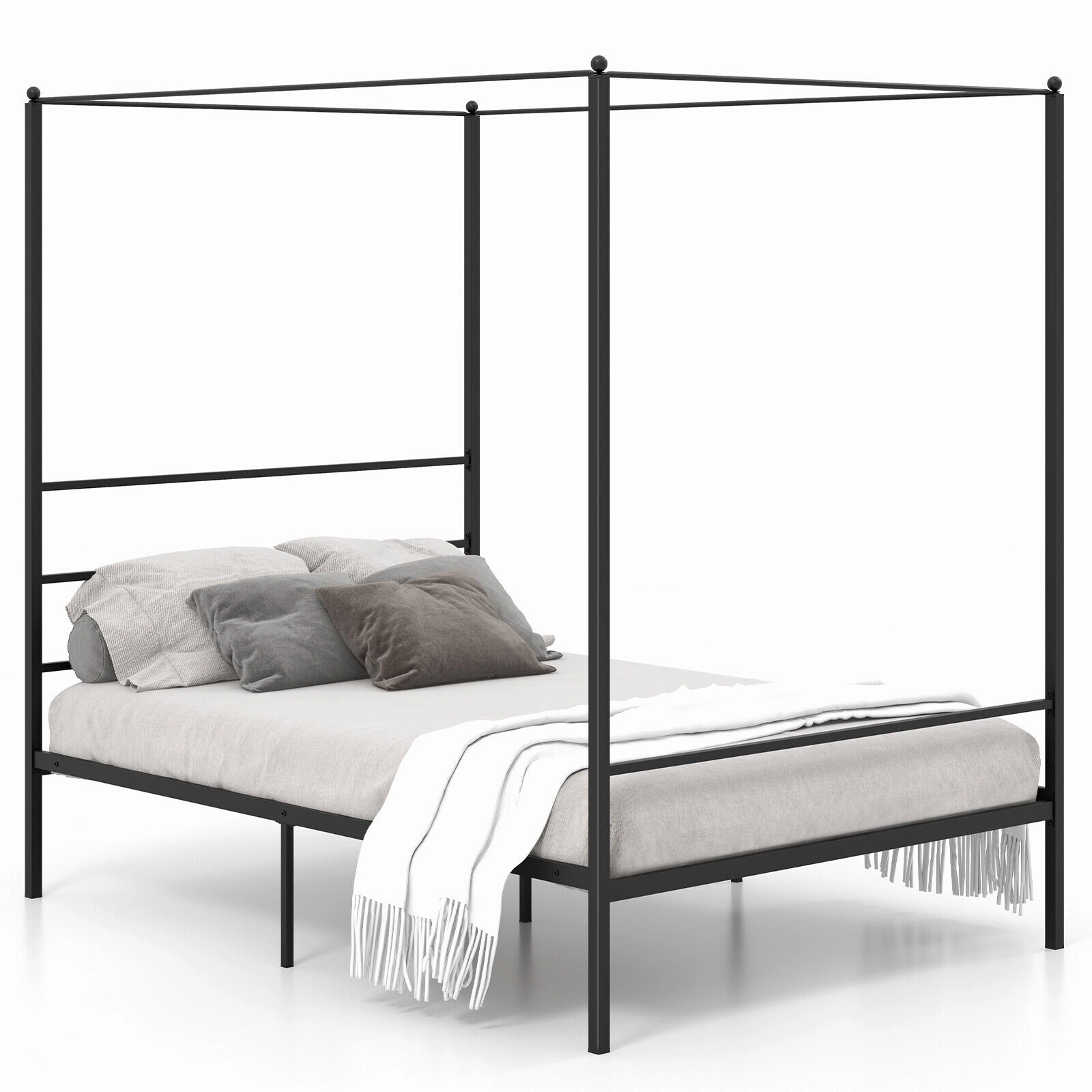 SUGIFT Black 4 Posts and Slat Support Full Size Metal Canopy Bed Frame