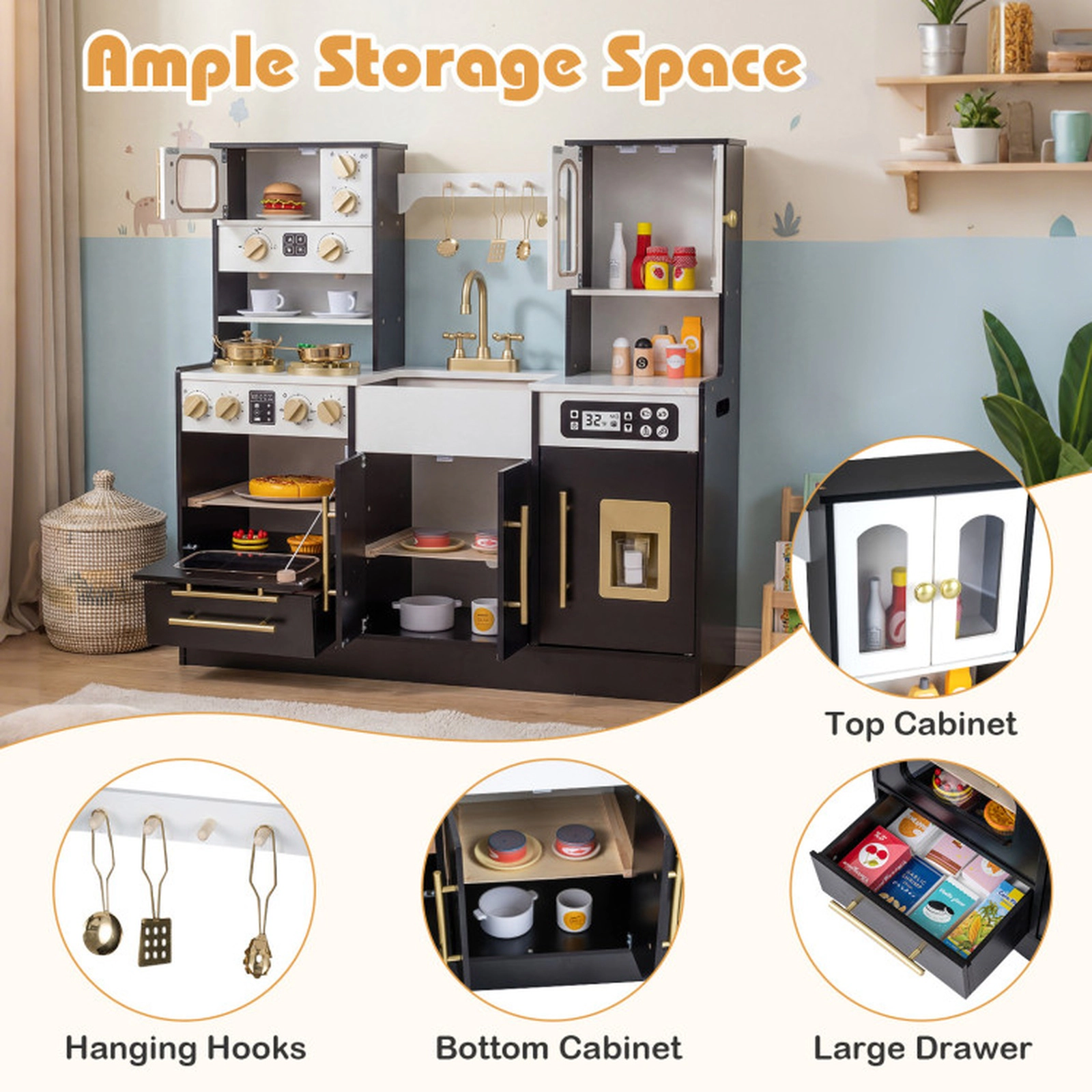 SUGIFT Wooden Kids Kitchen Playset with Realistic Lights and Sounds Play Ice Maker 36.5-in Wide Ages 3+ Black/White