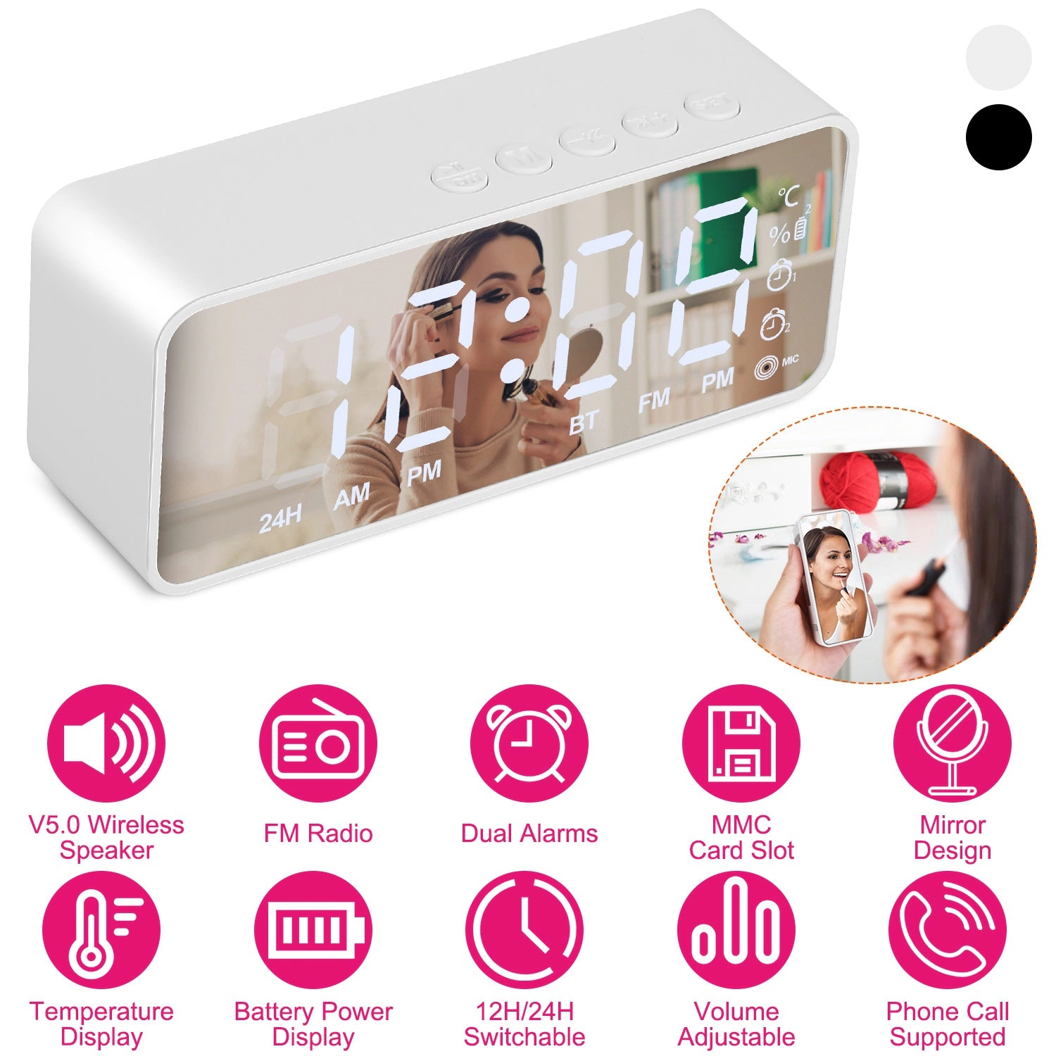 GBruno Mirror Digital Alarm Clock With FM Radio Speaker