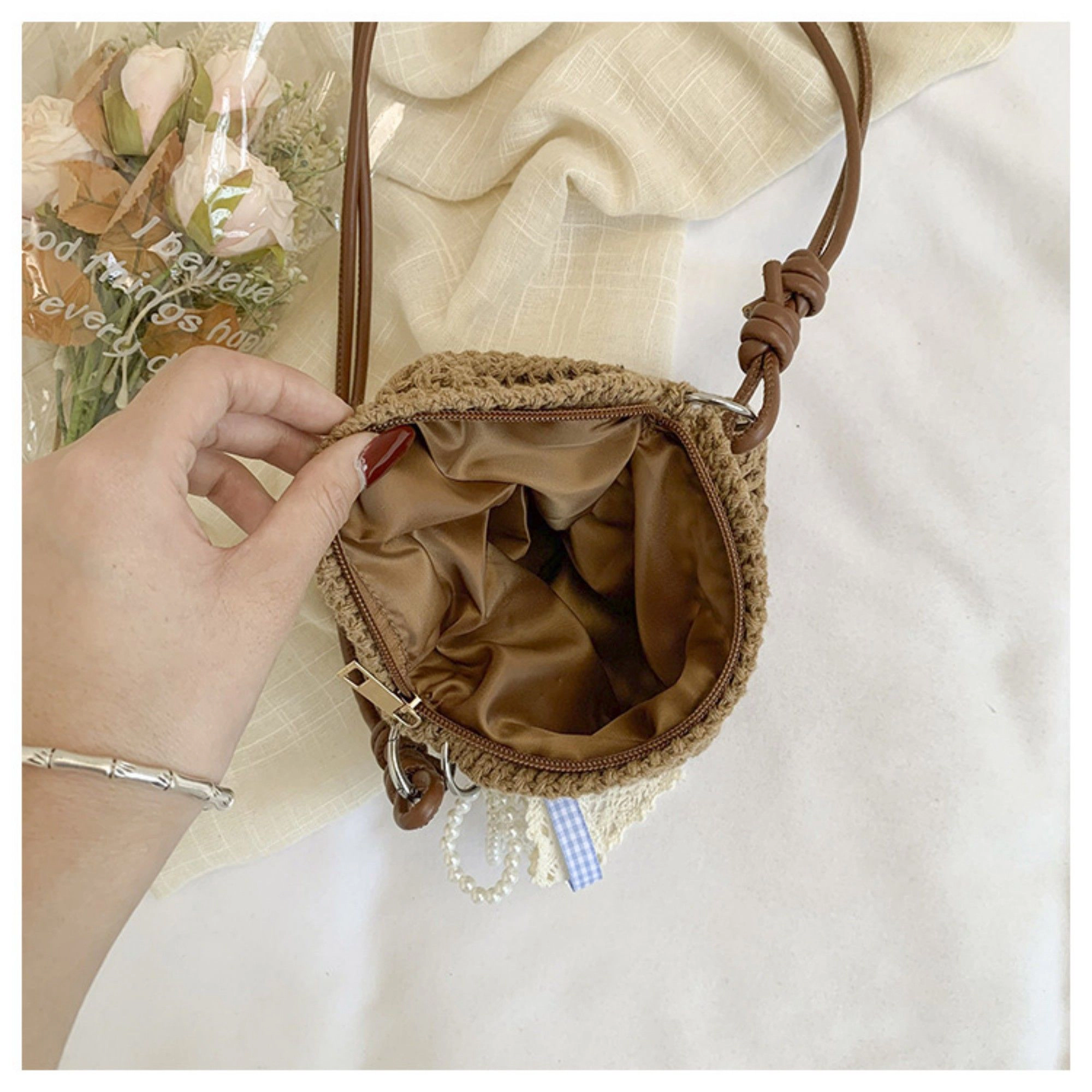 Alilang Women's Woven Net Shoulder Bag with Long Strap and Zipper Closure