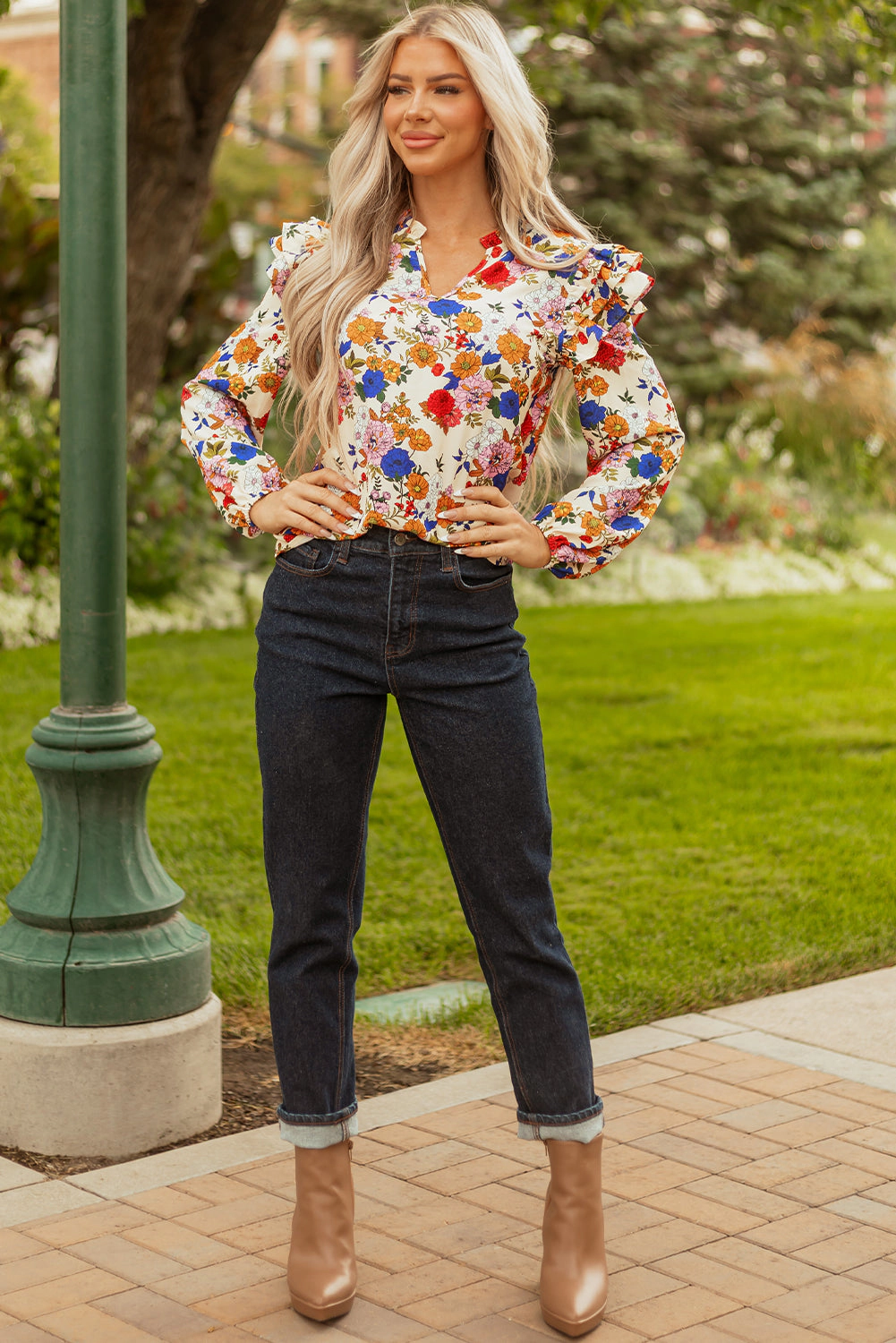 Threaded Pear Women's Apricot Ruffled Shoulder Long Sleeve Floral Blouse