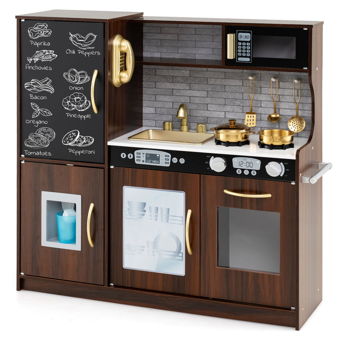 SUGIFT Toddler Pretend Play Kitchen with Sink Stoves Blackboard and Storage 32-in Frame Ages 3-6 Years Brown MDF