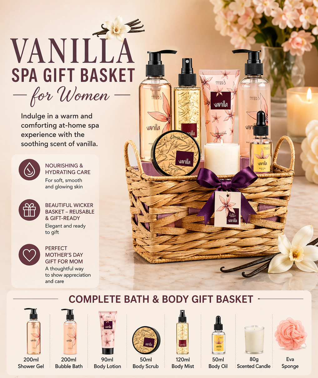 Vanilla Spa Gift Basket for Women – Bath & Body Set with Shower Gel, Bubble Bath, Body Lotion & Body Oil