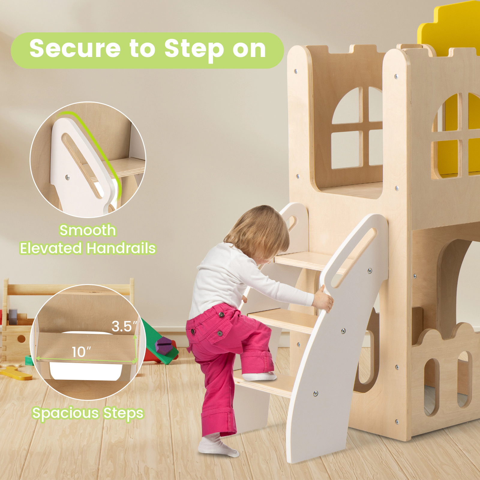 SUGIFT Multicolor Climber Tunnel and Basketball Hoop 7-in-1 Wooden Toddler Slide Set