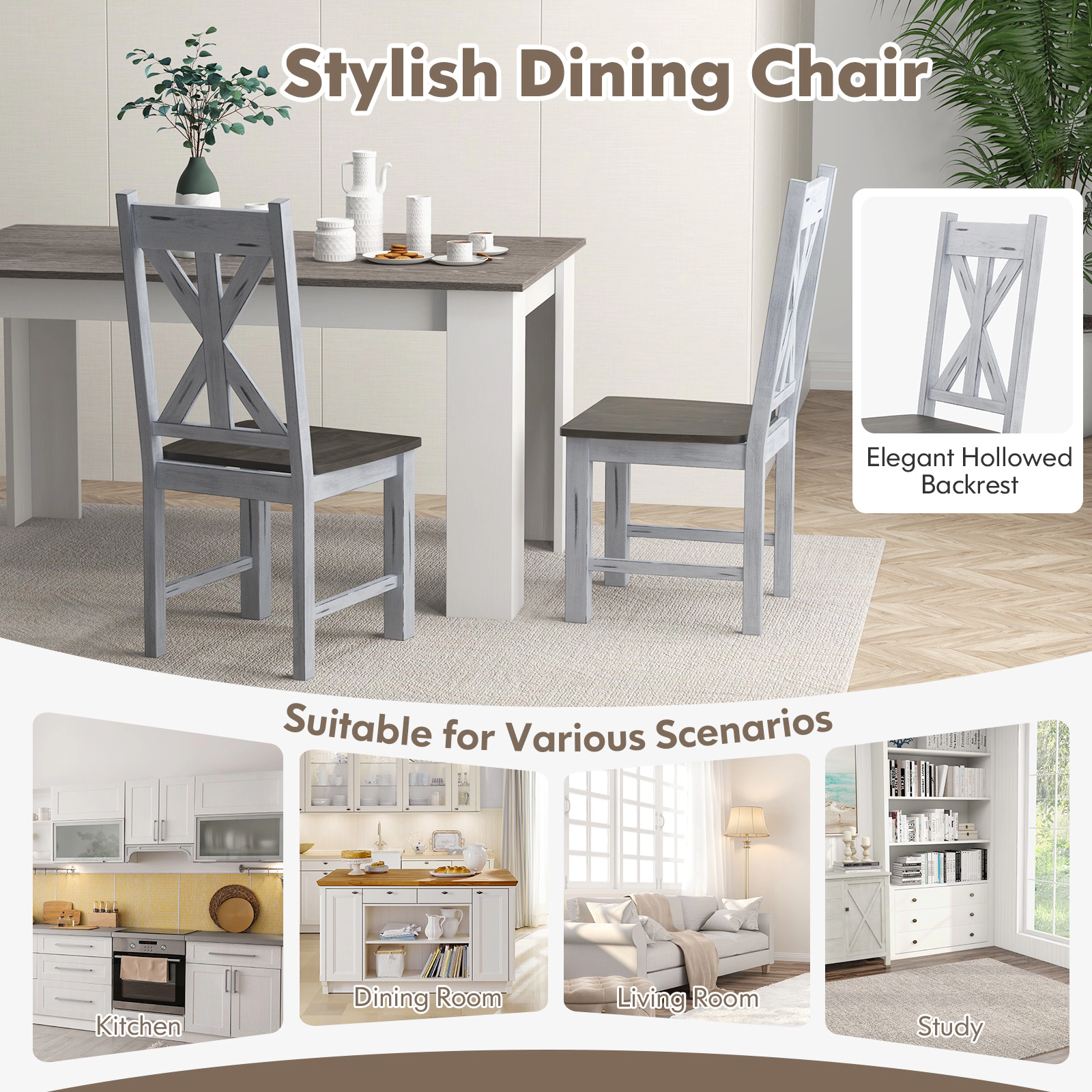 SUGIFT Farmhouse Rubber Wood Dining Chair Set of 2 with Hollowed Backrest 330-lb Capacity White Gray