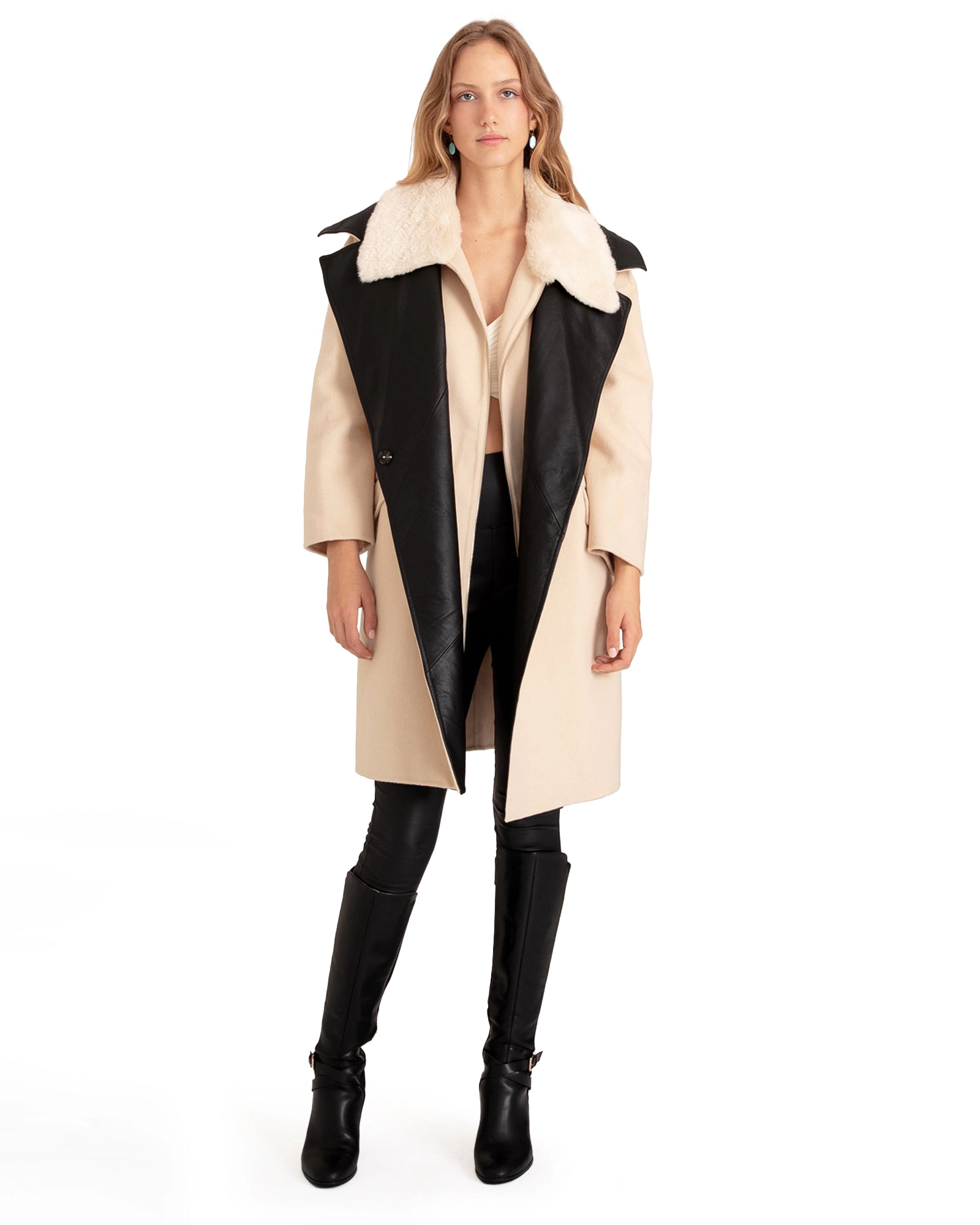 Belle & Bloom Womens Watch Me Go Oversized Leather Trimmed Coat