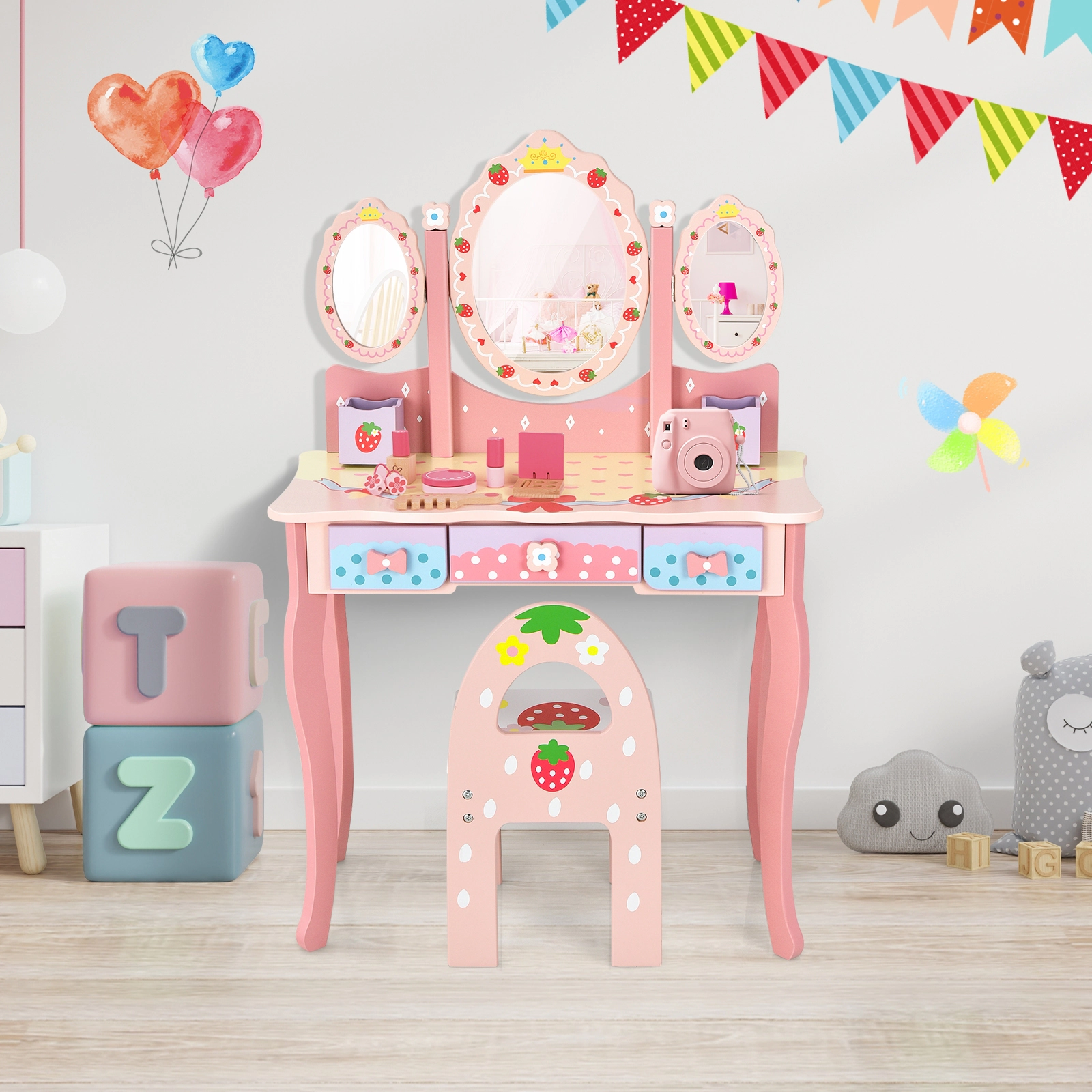 SUGIFT Kids Vanity Princess Makeup Dressing Table and Chair Set with Tri-fold Mirror 44-lb Table 88-lb Chair Capacity