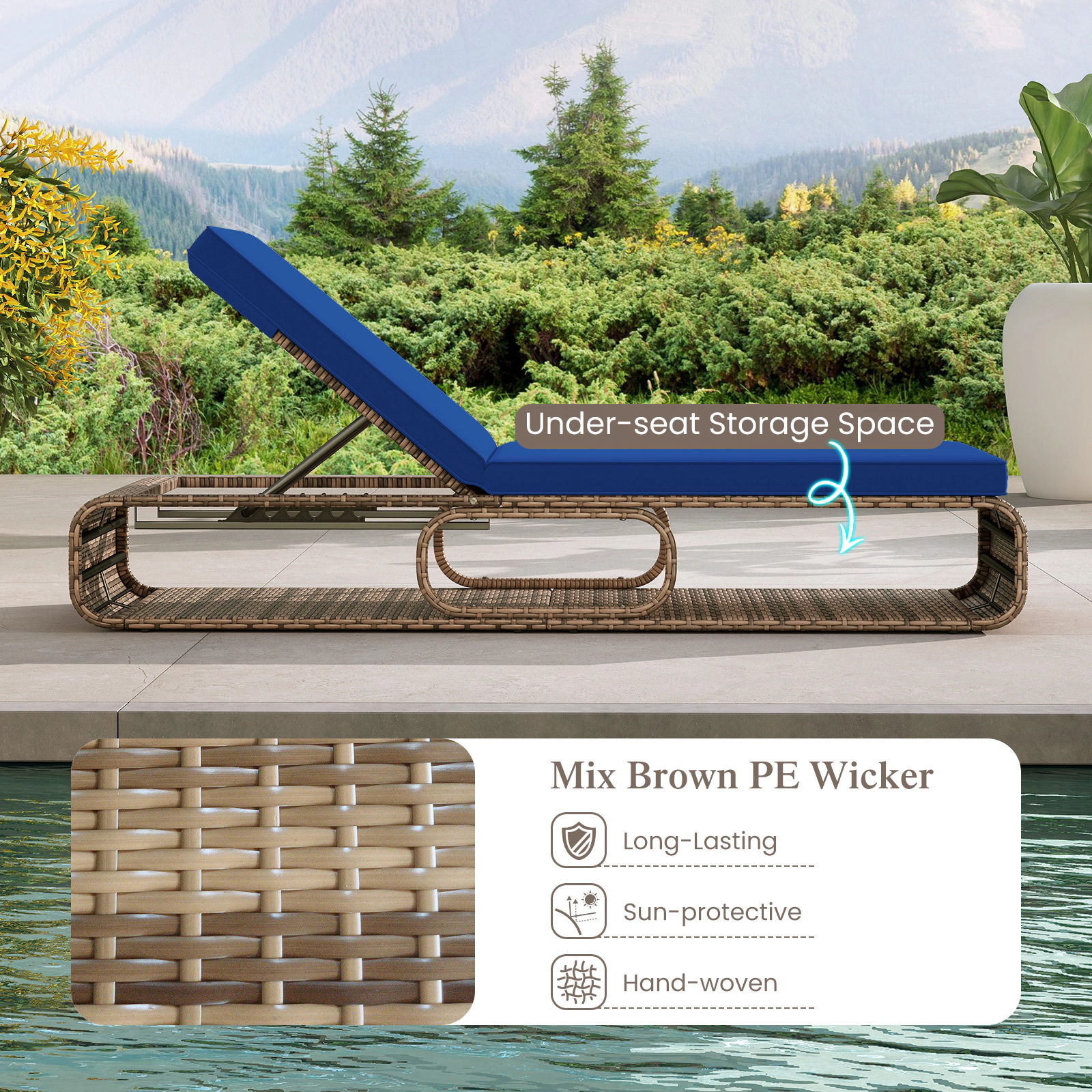 SUGIFT 7-Position Adjustable Outdoor PE Rattan Chaise Lounge Chair 400-lb Capacity Mix Brown with Off White/Navy Cushion