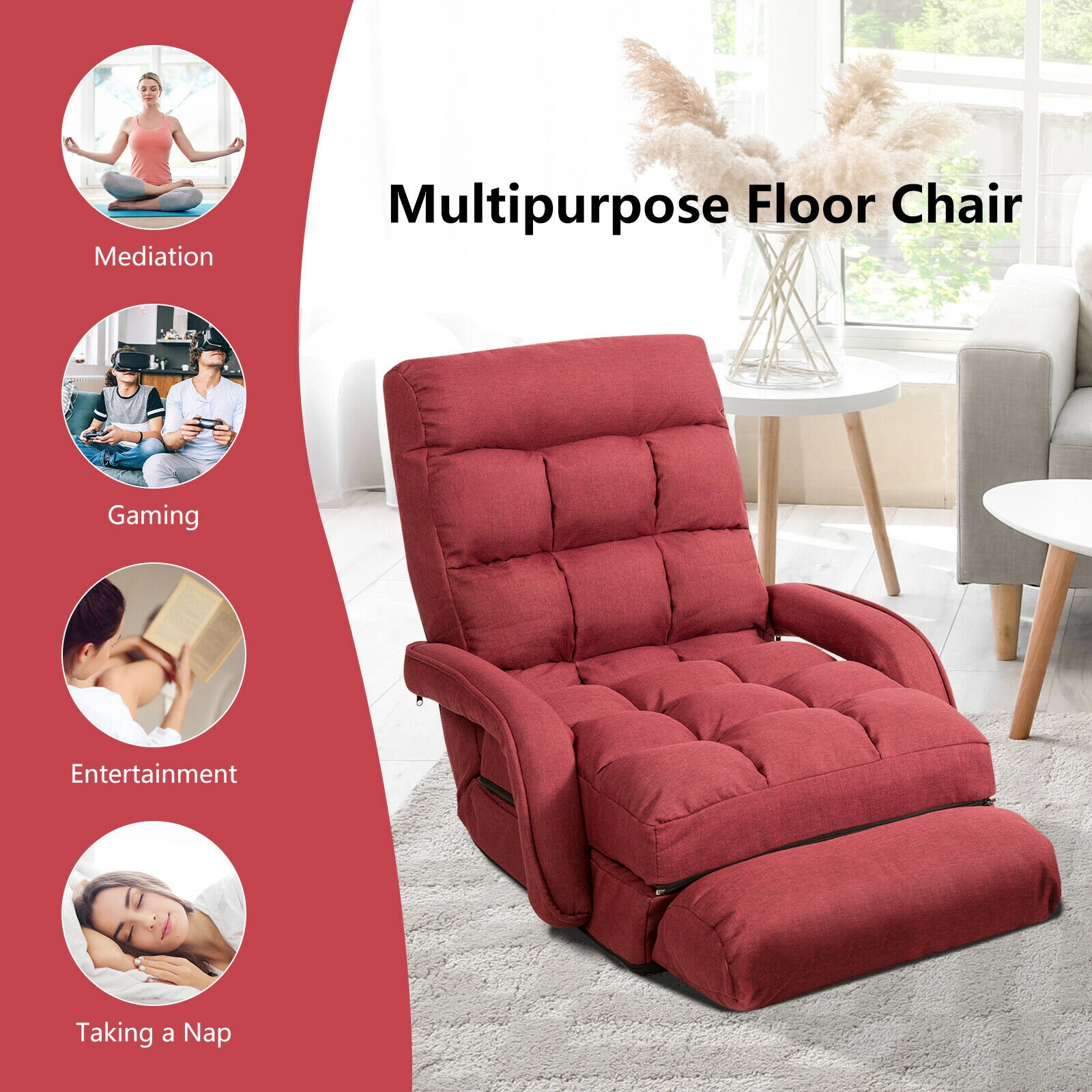 SUGIFT 6-Position Adjustable Backrest Padded Armrests Lumbar Pillow Folding Floor Armchair 22-in x 26-in x 29-in Red