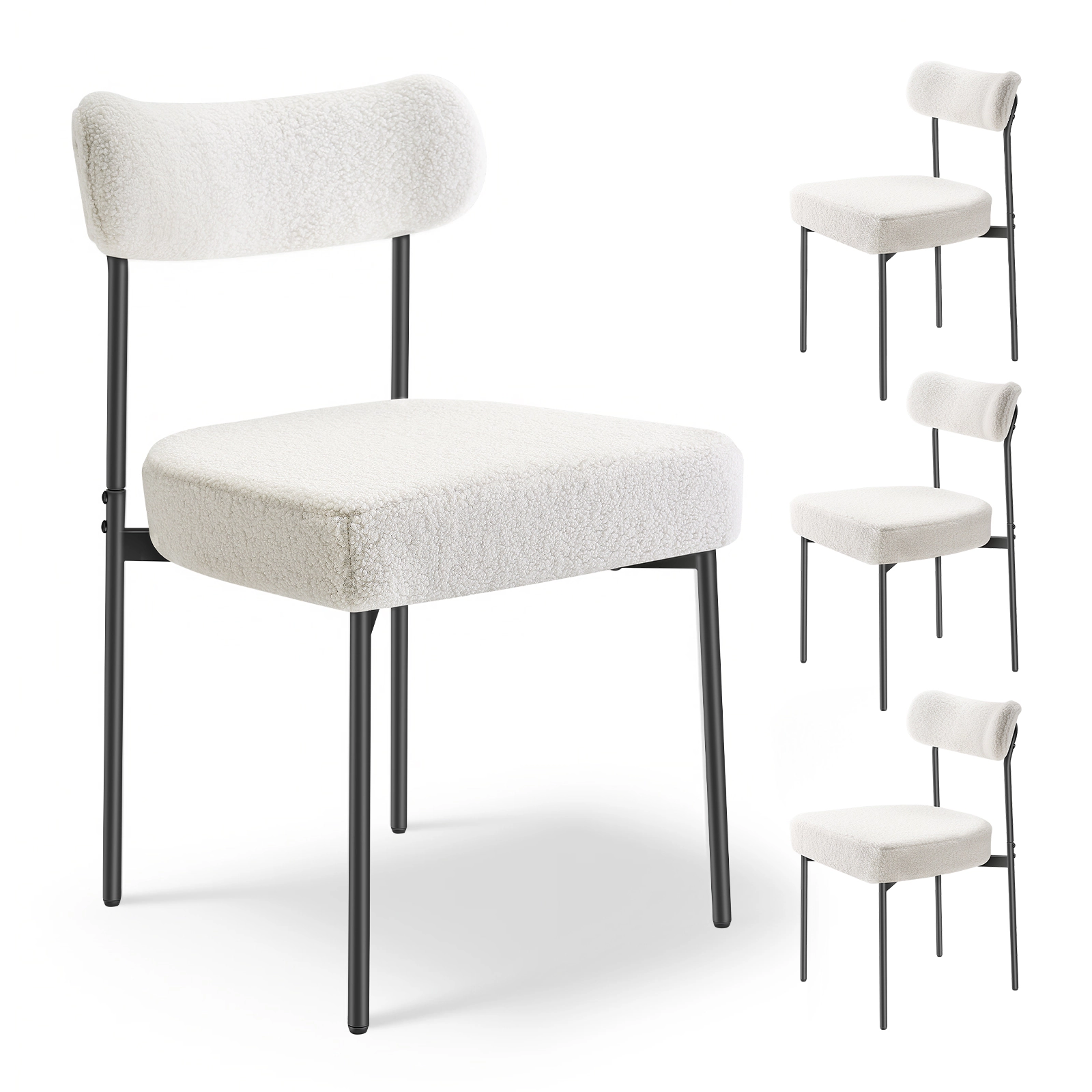 HONGGE White Boucle Dining Chairs Set of 4, Mid Century Upholstered Kitchen Chairs with Curved Backrest