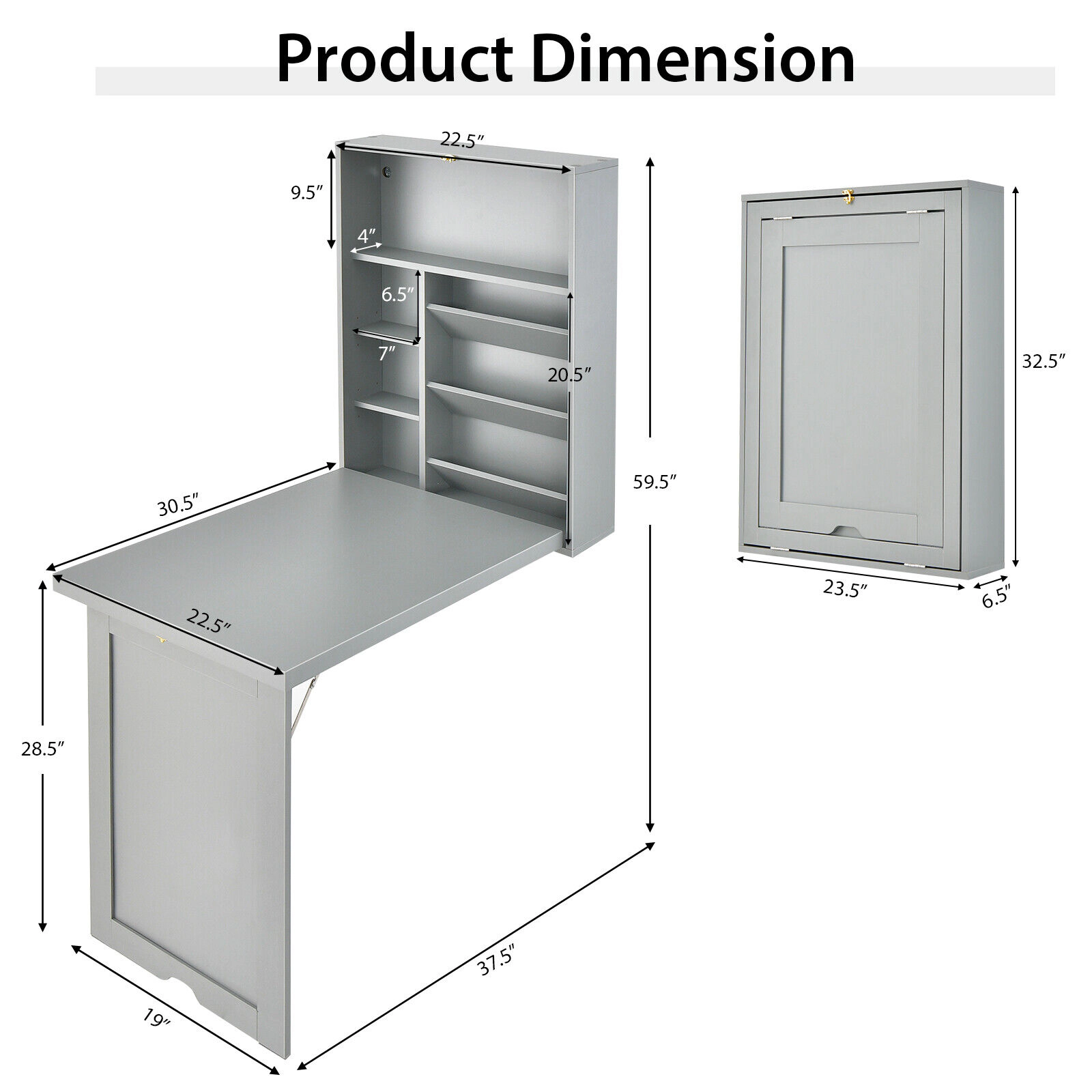 SUGIFT 36-in Wall Mounted Fold-Out Convertible Floating Desk with Adjustable Shelves and Storage