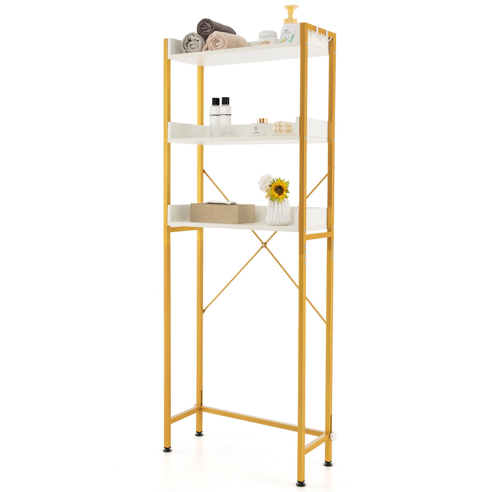 SUGIFT Over the Toilet Storage Rack White with 4 Side Hooks and Adjustable Bottom Bar