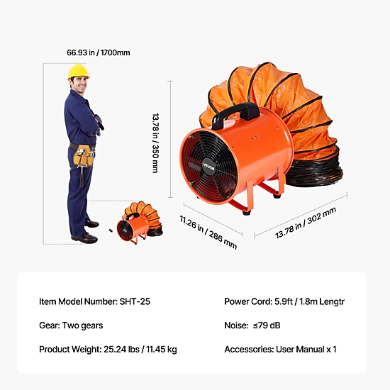 HONGGE Portable Ventilator Heavy Duty Cylinder Fan with Duct Hose Strong Shop Exhaust Blower Industrial Utility Blower