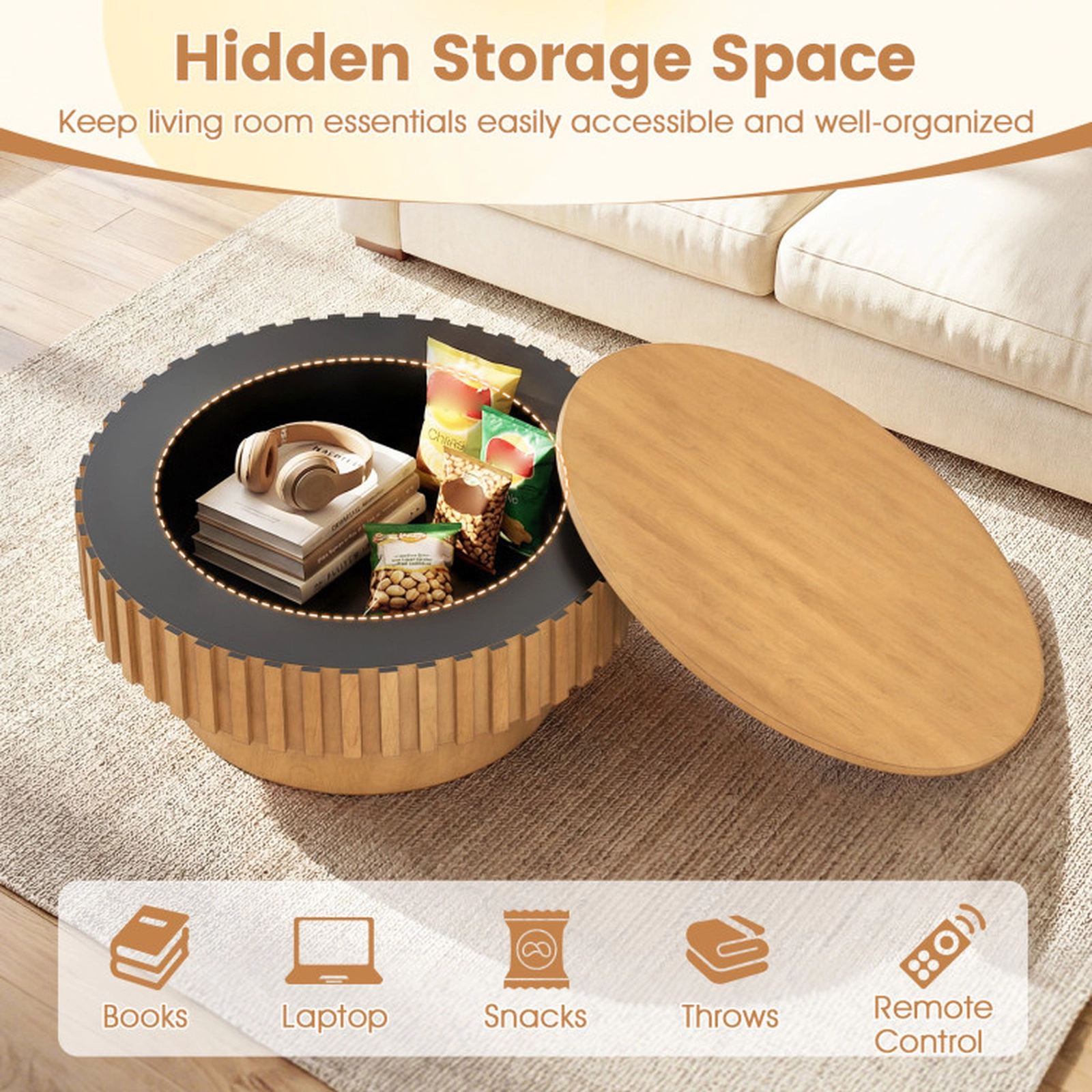 SUGIFT 31-in Round 265-lb Capacity Natural Wooden Drum Coffee Table with Hidden Storage Compartment