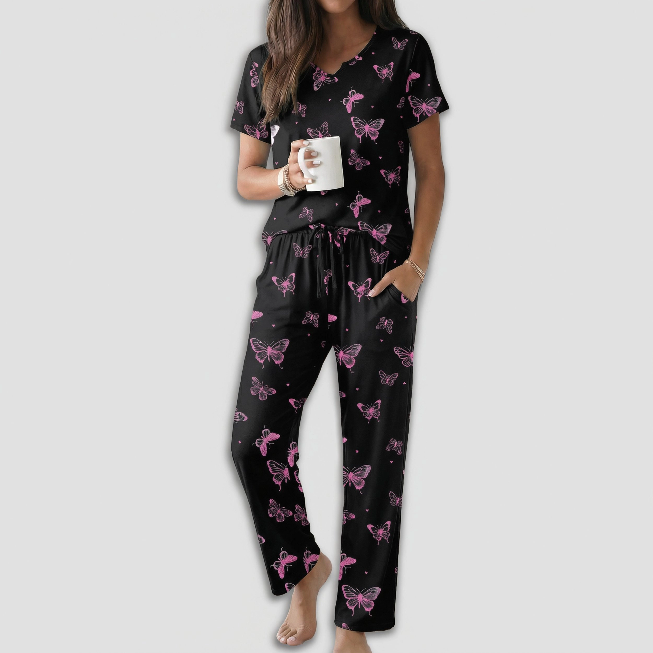 Ekouaer 2 Piece Womens Pajamas Short Sleeve Top and Long Pants Pjs Set Printed Sleepwear with Pocket